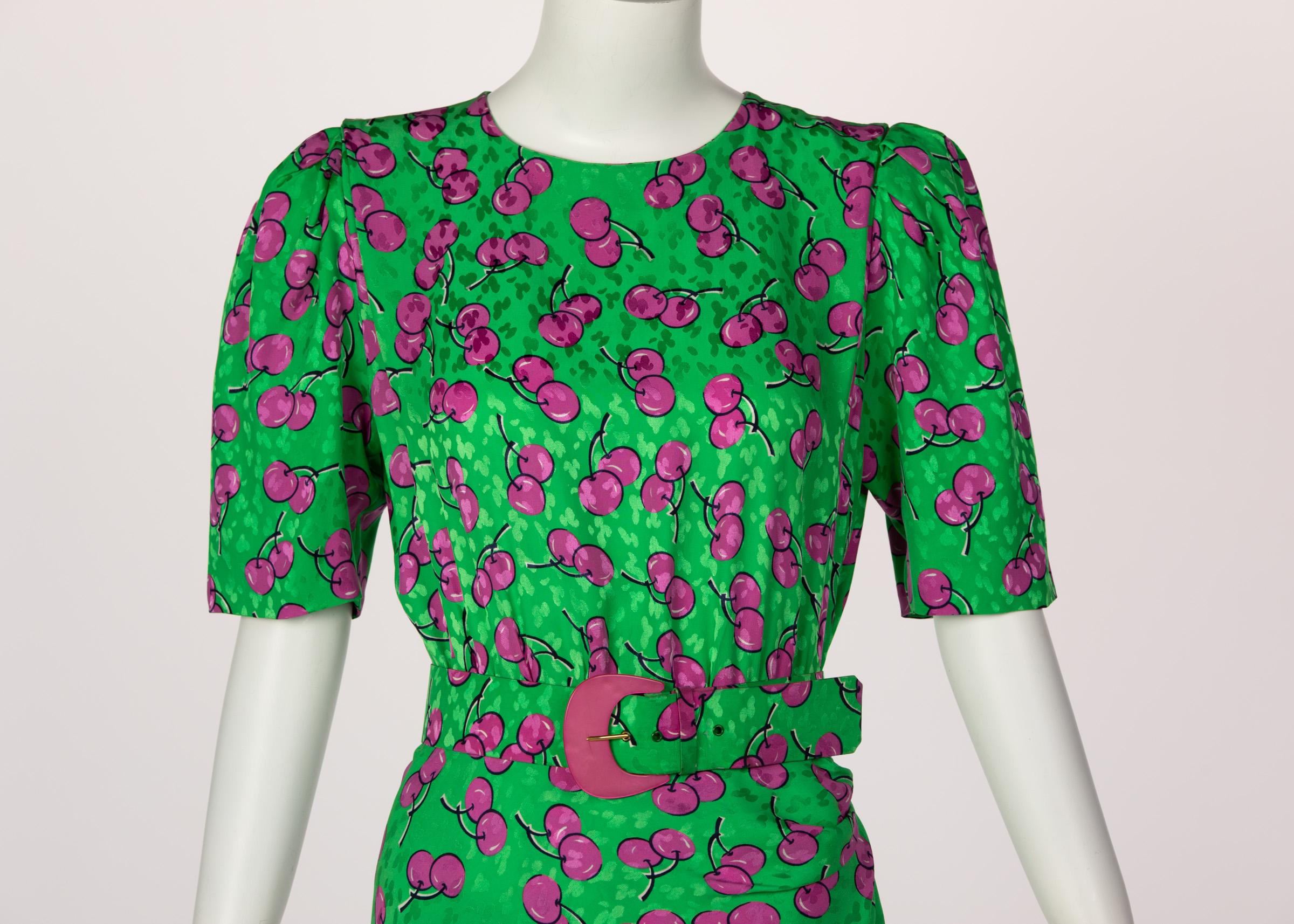 Givenchy Silk Green Cherry Print Cocktail Dress, 1980s For Sale 1