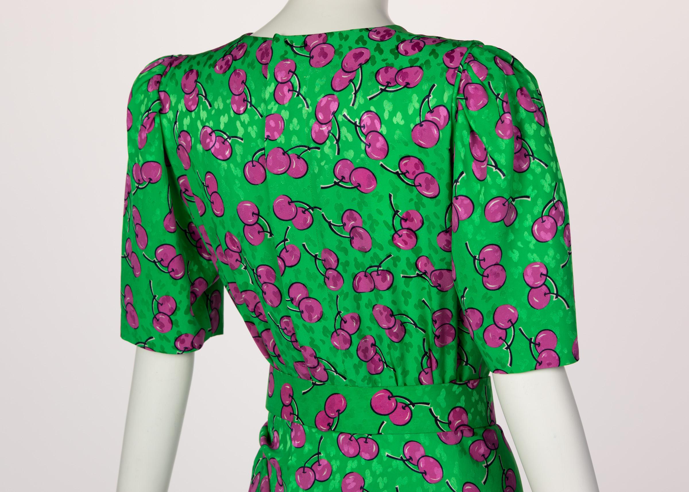 Givenchy Silk Green Cherry Print Cocktail Dress, 1980s For Sale 2
