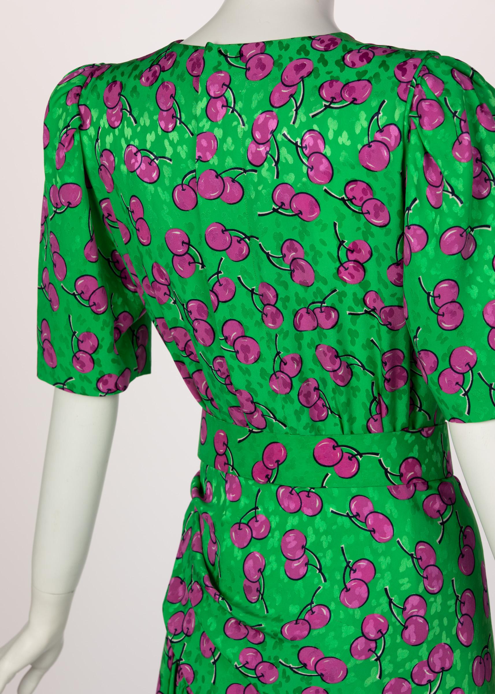 Givenchy Silk Green Cherry Print Cocktail Dress, 1980s For Sale 3