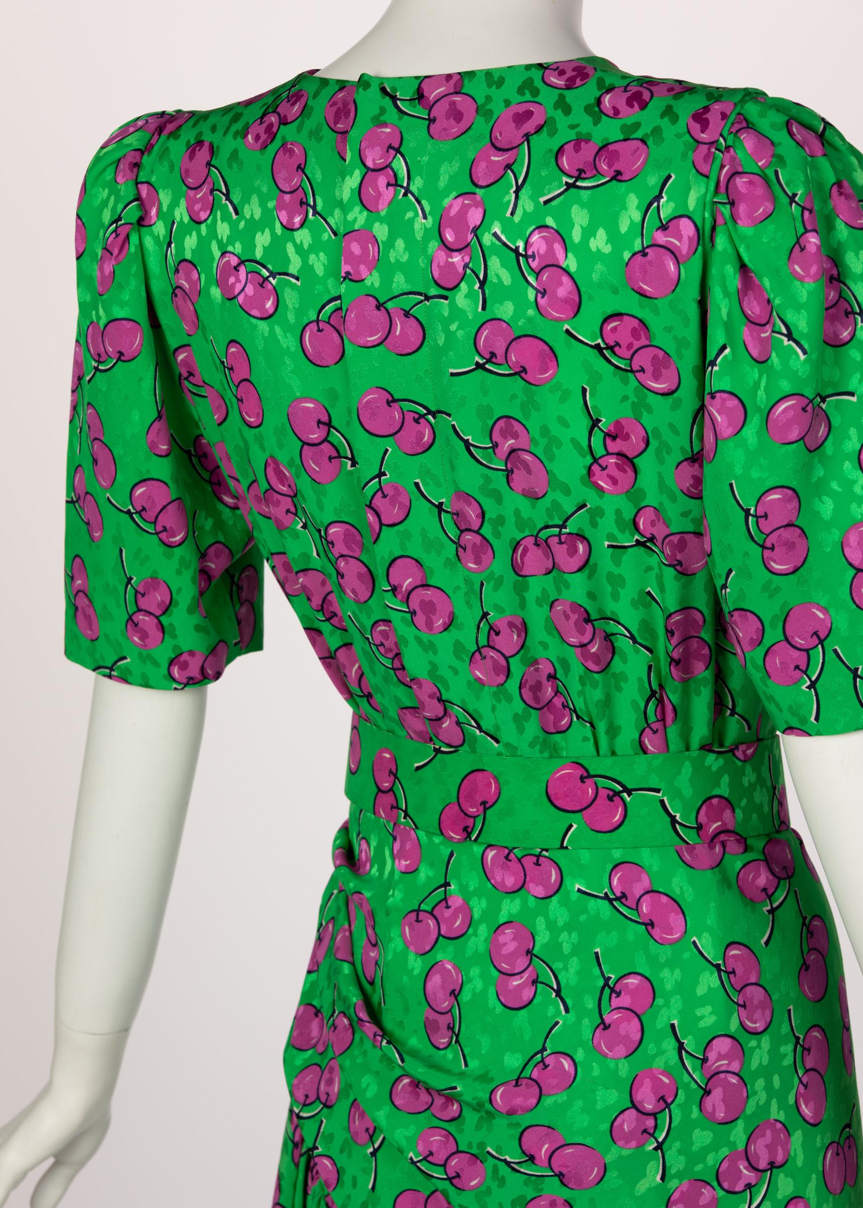 Givenchy Silk Green Cherry Print Cocktail Dress, 1980s For Sale 3