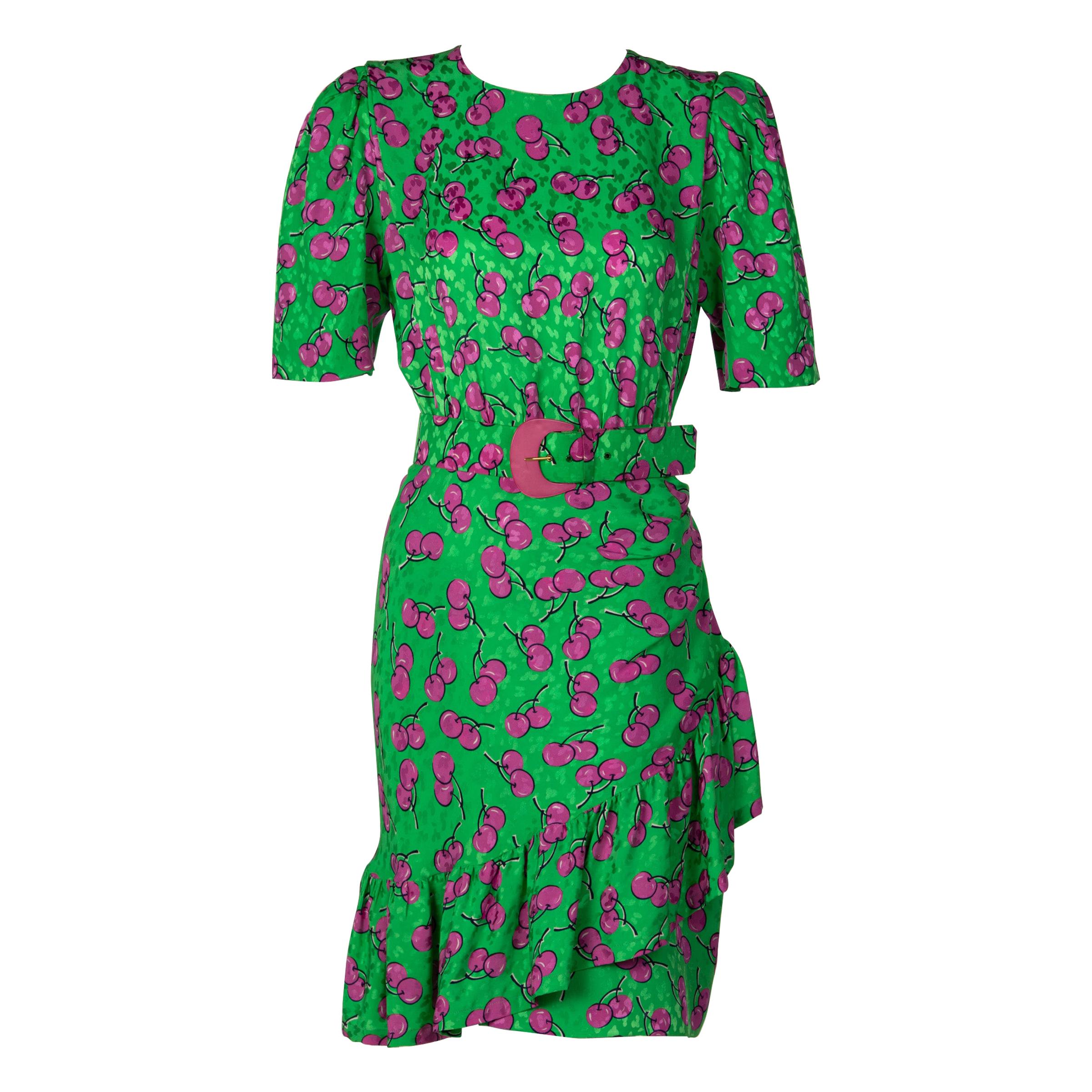 Givenchy Silk Green Cherry Print Cocktail Dress, 1980s For Sale