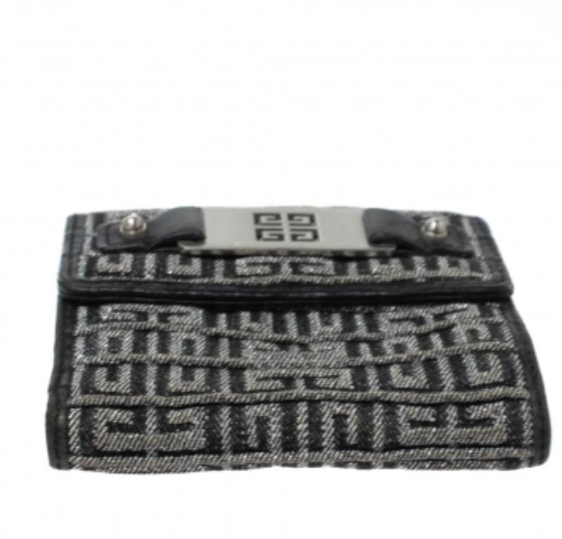 Givenchy Silver/Black Canvas and Leather Trim Embossed Logo Trifold Wallet For Sale 2