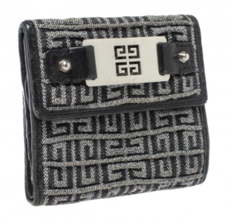Givenchy Silver/Black Canvas and Leather Trim Embossed Logo Trifold Wallet For Sale 4