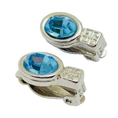 GIVENCHY silver blue glass designer runway clip on earrings