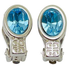GIVENCHY silver blue glass designer runway clip on earrings