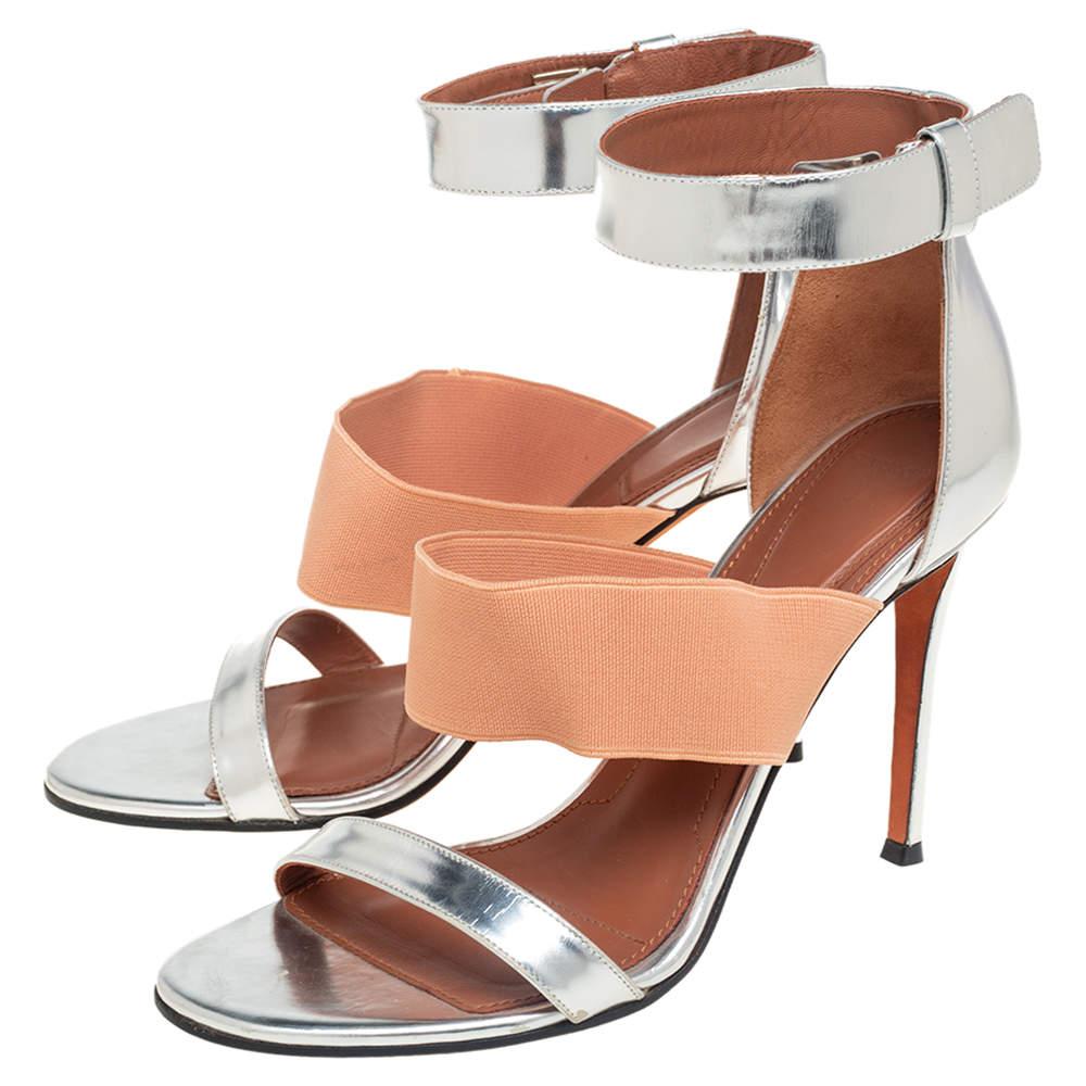 Givenchy Silver Foil Leather And Fabric Ankle Cuff Sandals Size 39 For Sale 1