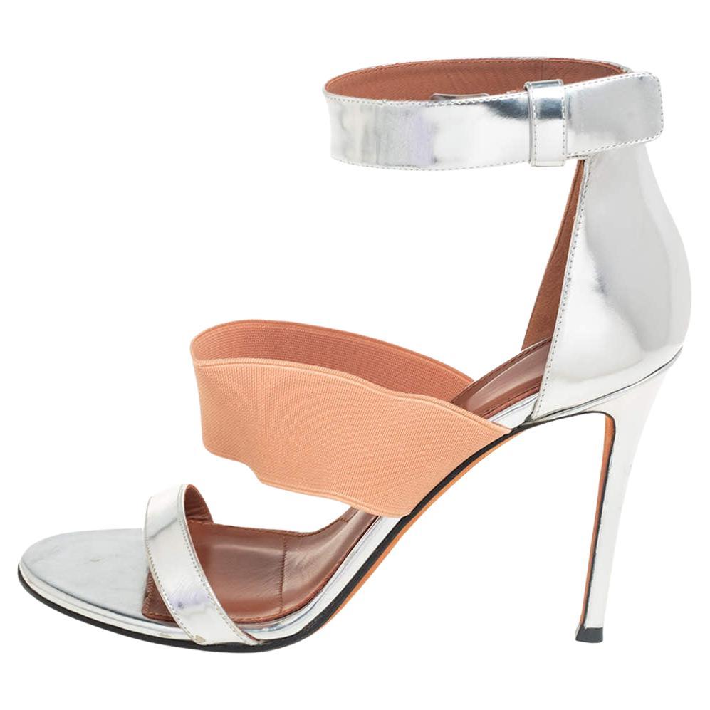 Givenchy Silver Foil Leather And Fabric Ankle Cuff Sandals Size 39 For Sale