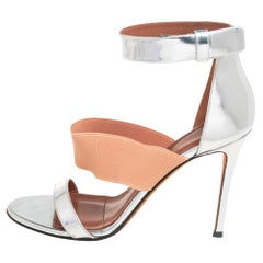 Givenchy Silver Foil Leather And Fabric Ankle Cuff Sandals Size 39