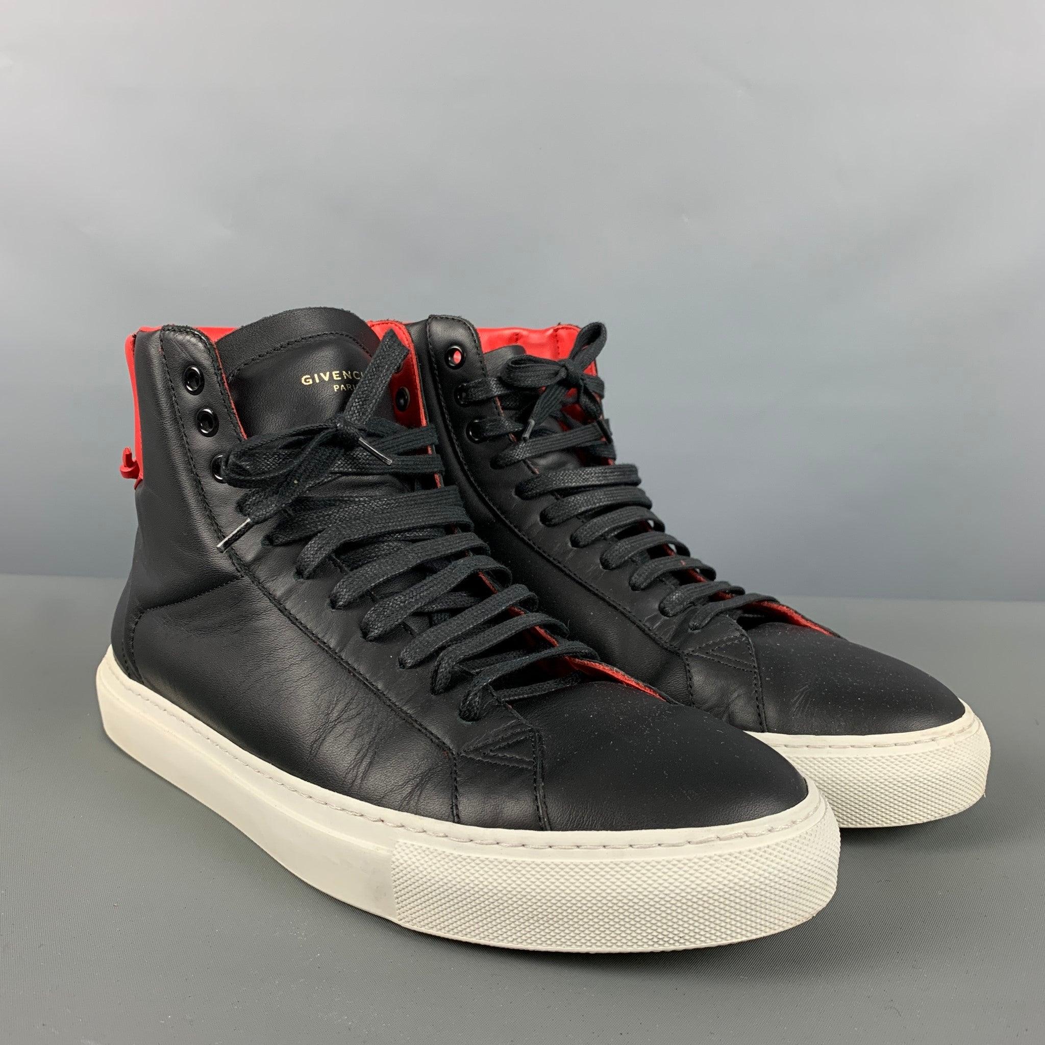 GIVENCHY high top sneakers comes in a black, red and white
 leather featuring a color block style, rubber sole, and a lace up style. Made in Italy.Very Good Pre-Owned Condition. Light wear. As-is. 

Marked:   43 

Measurements: 
  Length: 12 inches