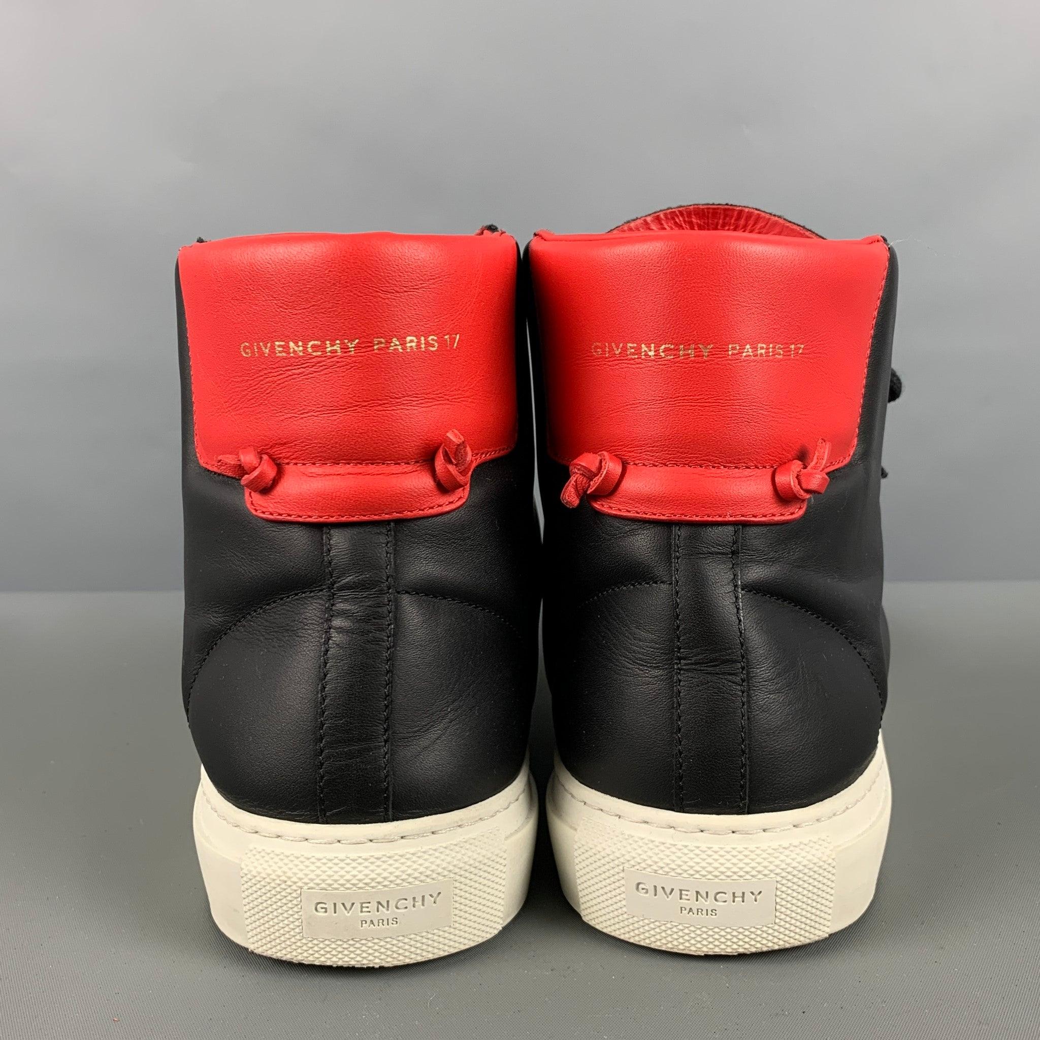 GIVENCHY Size 10 Black Red & White Color Block Leather High Top Sneakers In Good Condition For Sale In San Francisco, CA
