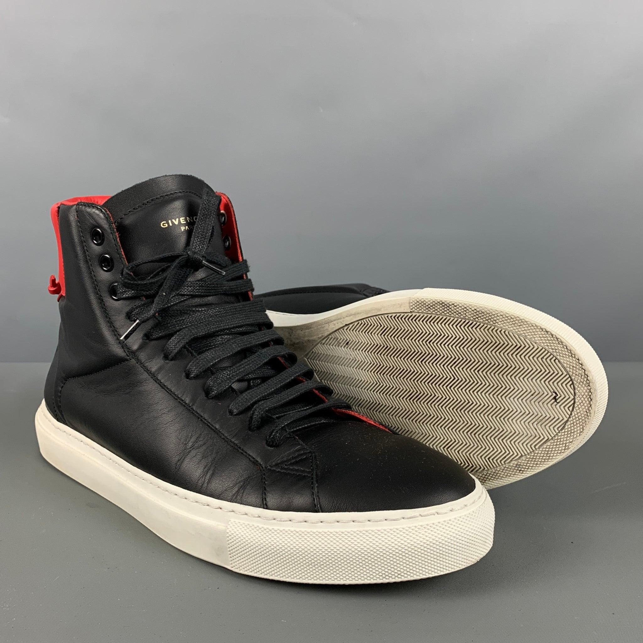 GIVENCHY Size 10 Black Red & White Color Block Leather High Top Sneakers 1