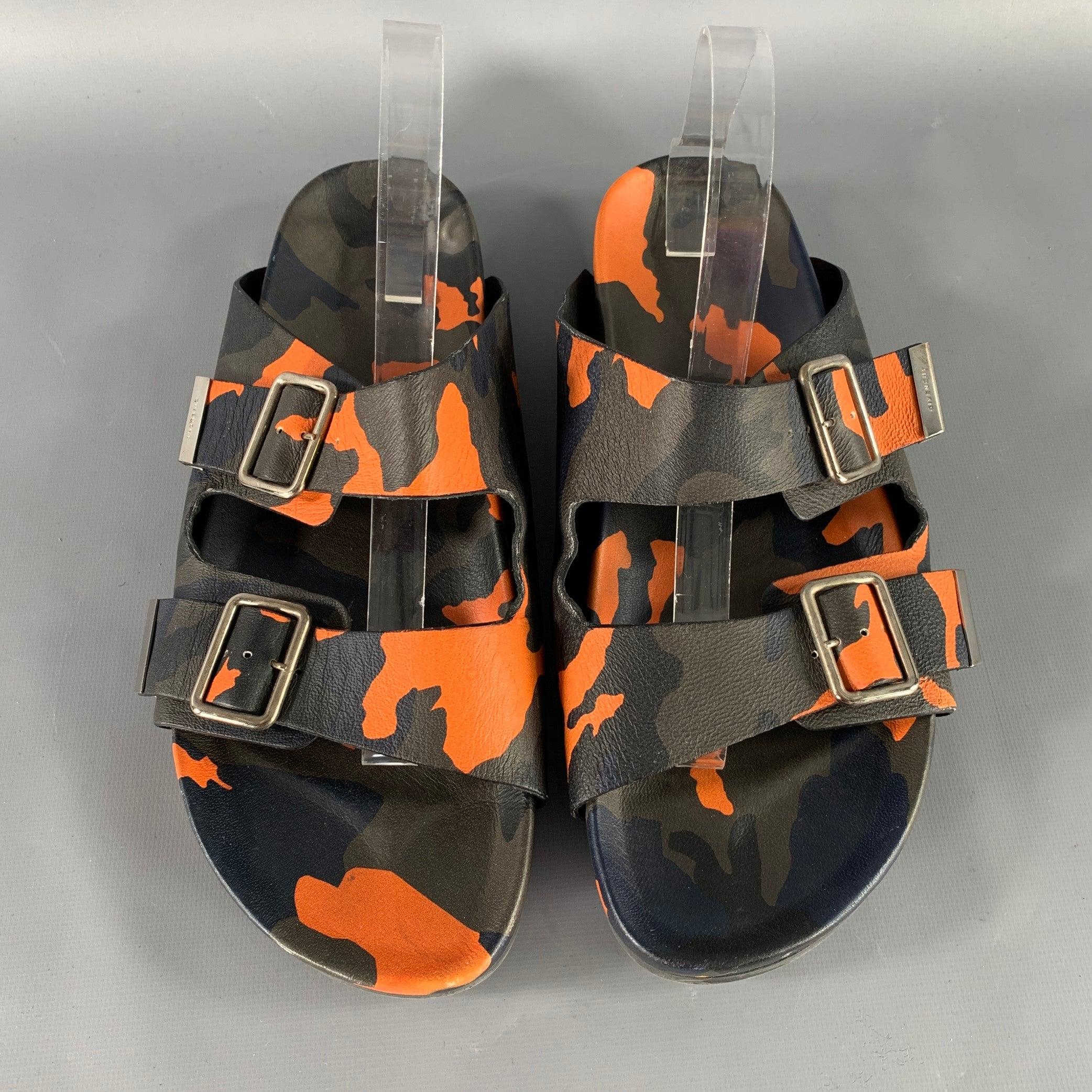 GIVENCHY Size 11 Black Green & Orange Camouflage Leather Slide Sandals (Sandales en cuir noir, vert et orange) Bon état - En vente à San Francisco, CA