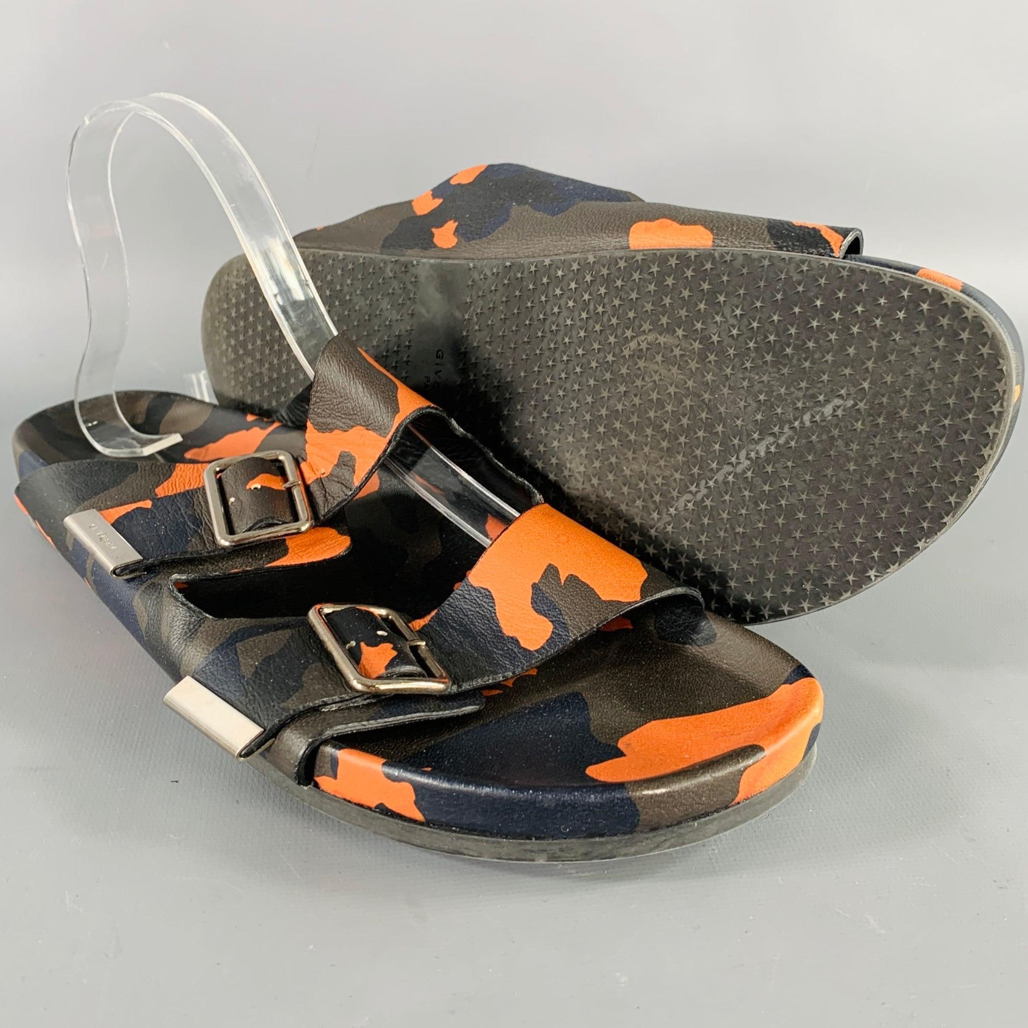 GIVENCHY Size 11 Black Green & Orange Camouflage Leather Slide Sandals (Sandales en cuir noir, vert et orange) Pour hommes en vente