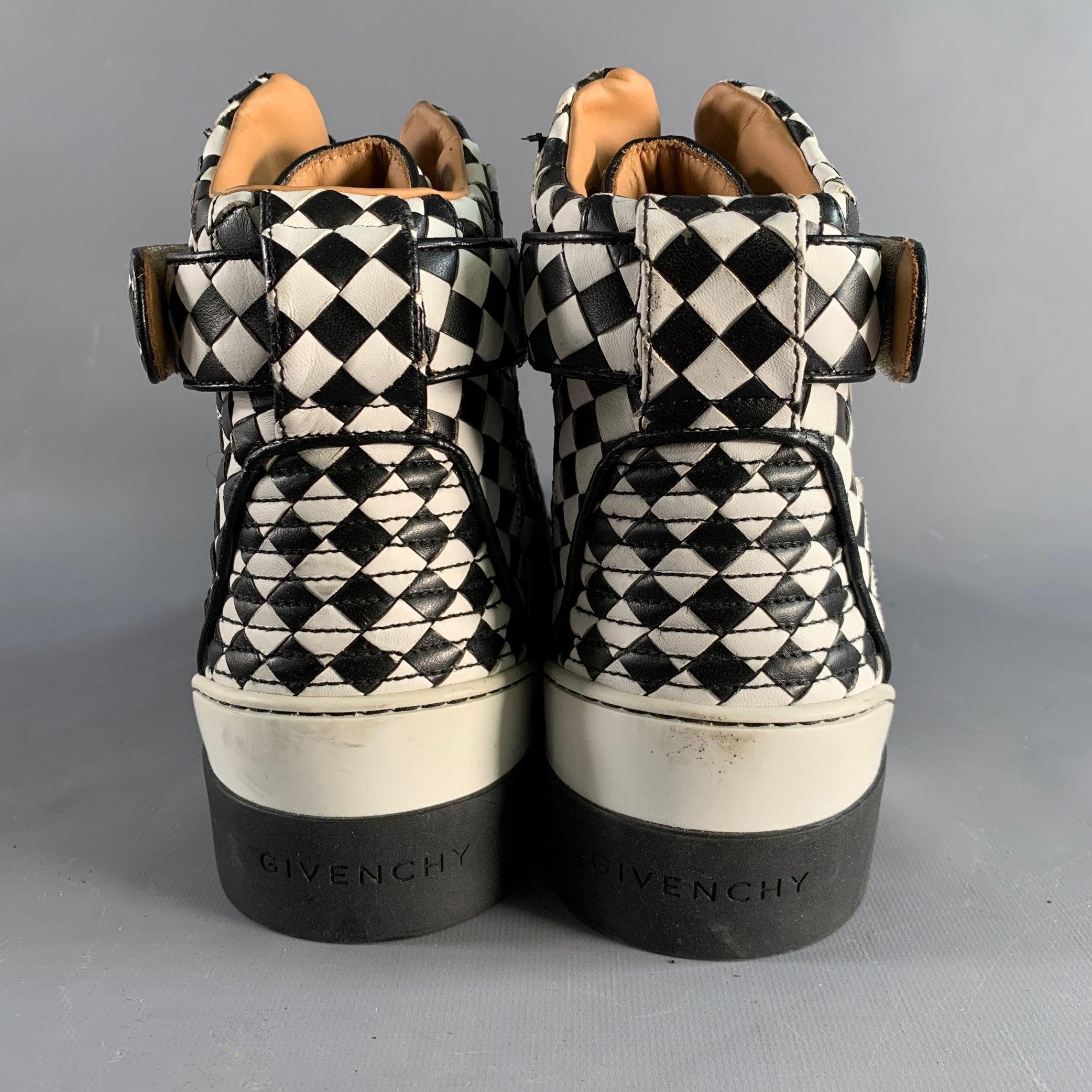GIVENCHY Size 11 Black White Checkered Leather High Top Sneakers In Good Condition For Sale In San Francisco, CA