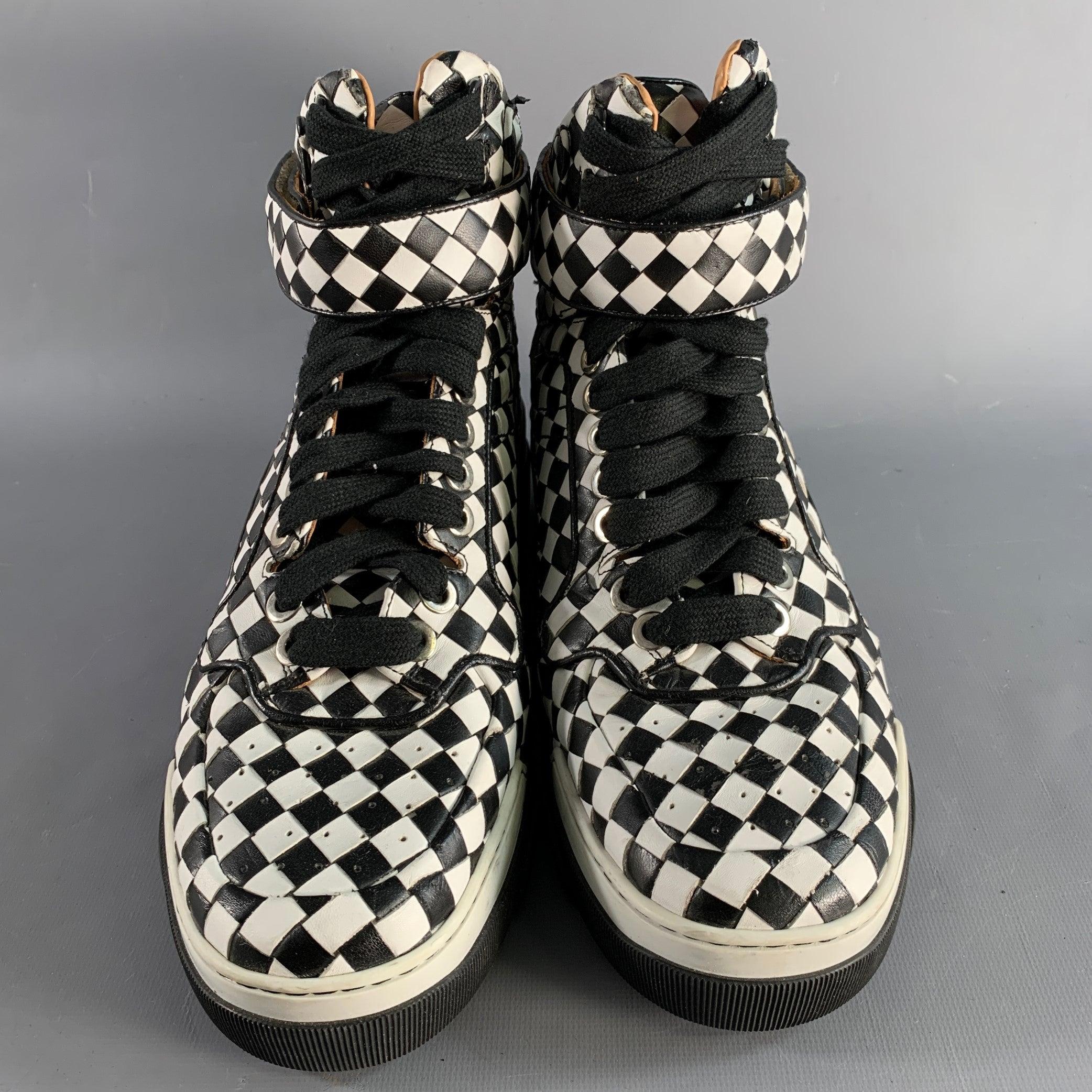 Men's GIVENCHY Size 11 Black White Checkered Leather High Top Sneakers For Sale