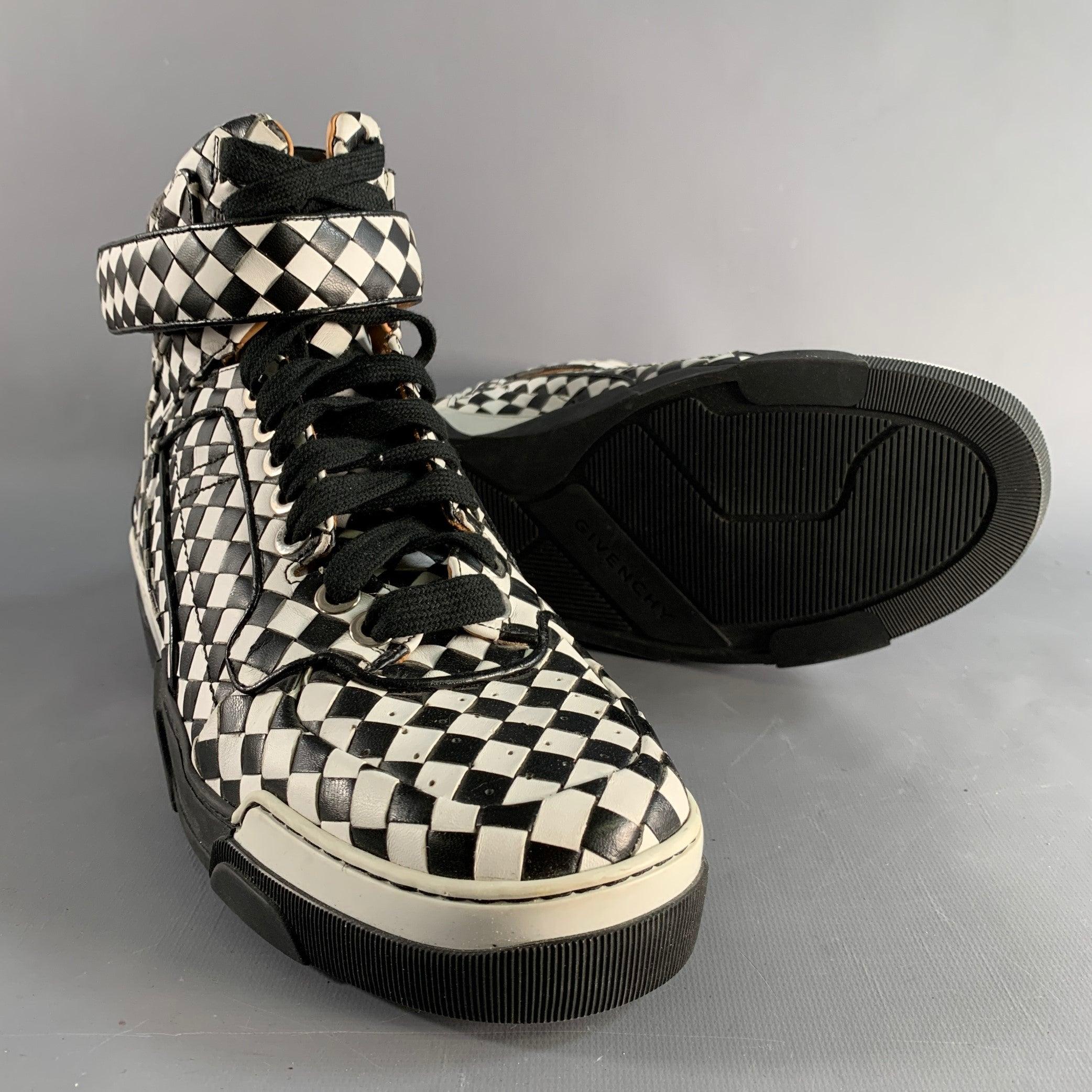 GIVENCHY Size 11 Black White Checkered Leather High Top Sneakers For Sale 1