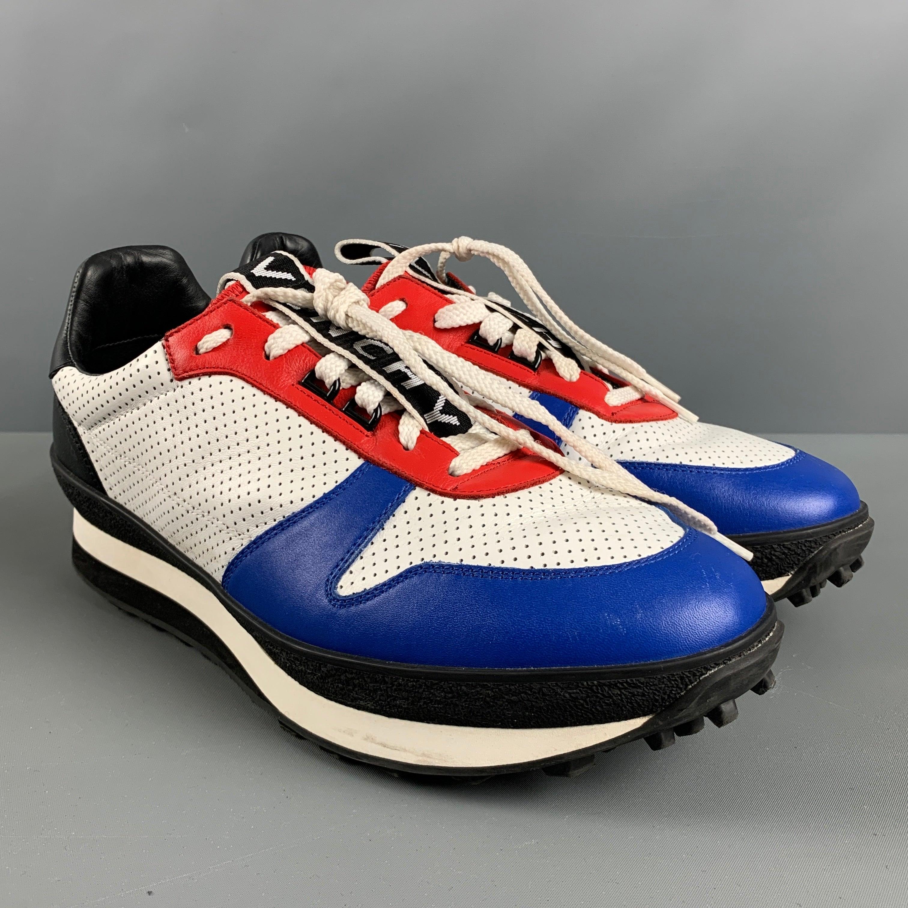 GIVENCHY sneakers comes in a blue, red and white leather featuring a
 low top design, perforated leather, and a rubber sole. Made in Italy. Very Good Pre-Owned Condition. 

Marked:   FR 0178Outsole: 12.5 inches  x 4.25 inches Large Logo
  
  
