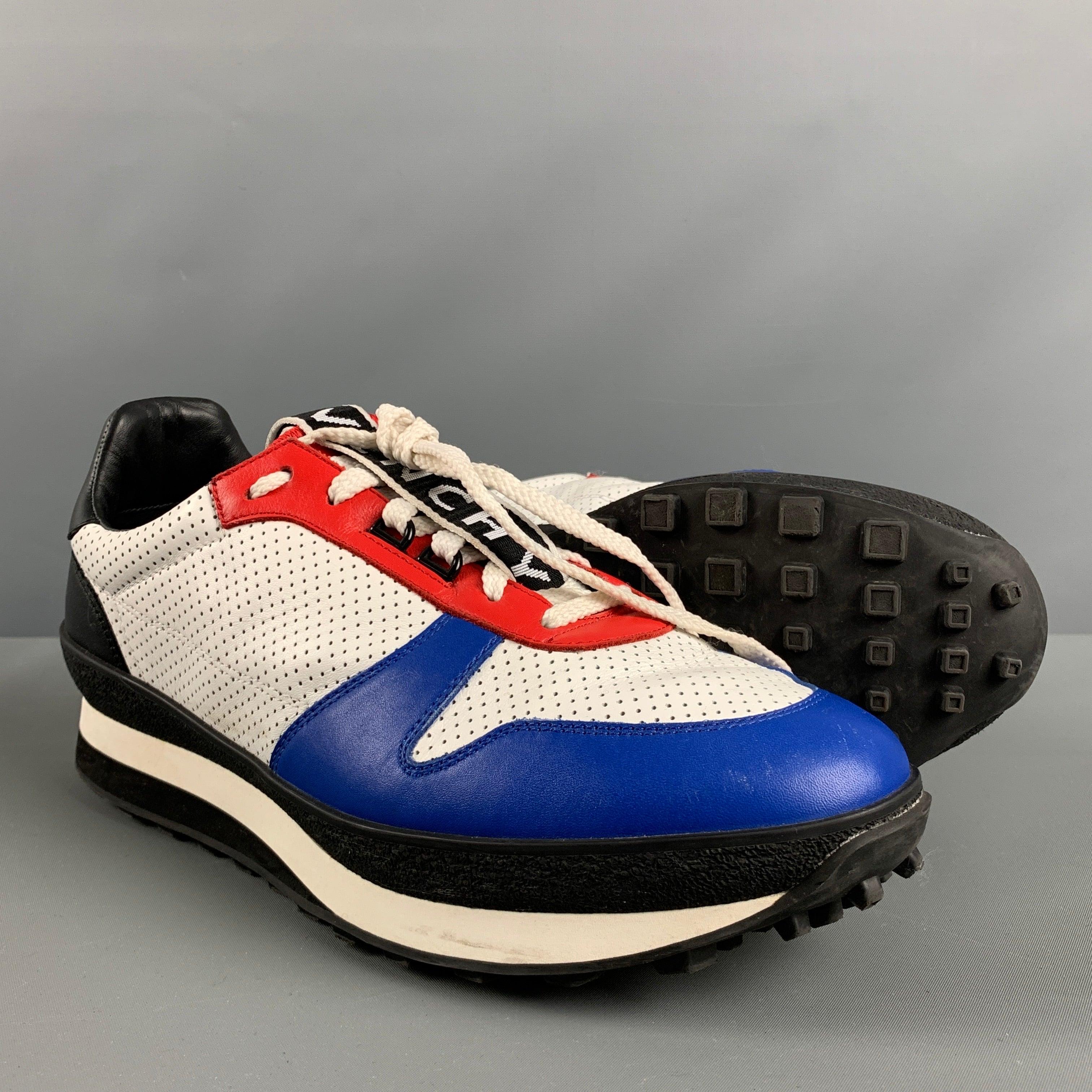 GIVENCHY Size 11 White Red & Blue Perforated Leather Sneakers For Sale 1