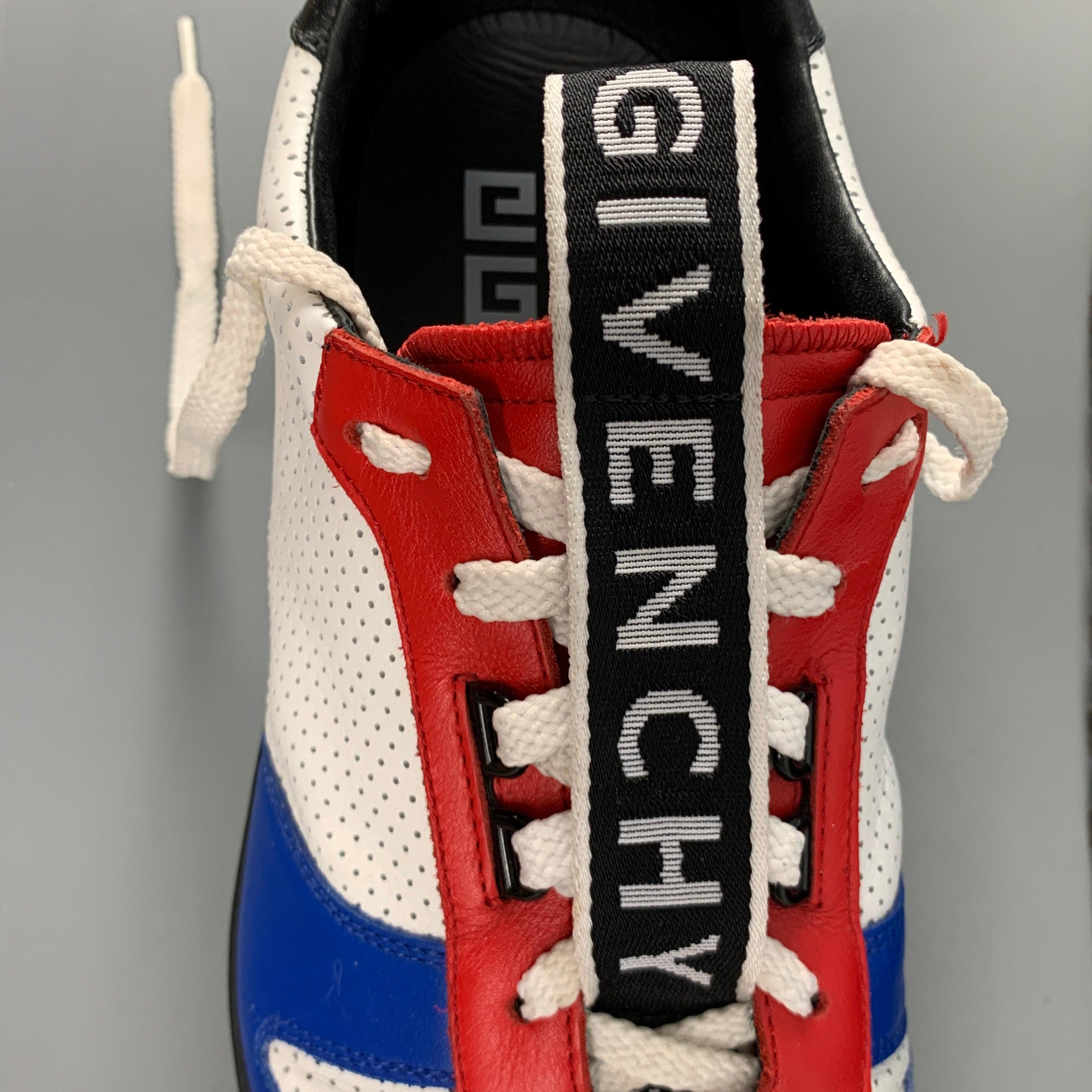 GIVENCHY Size 11 White Red & Blue Perforated Leather Sneakers For Sale 3