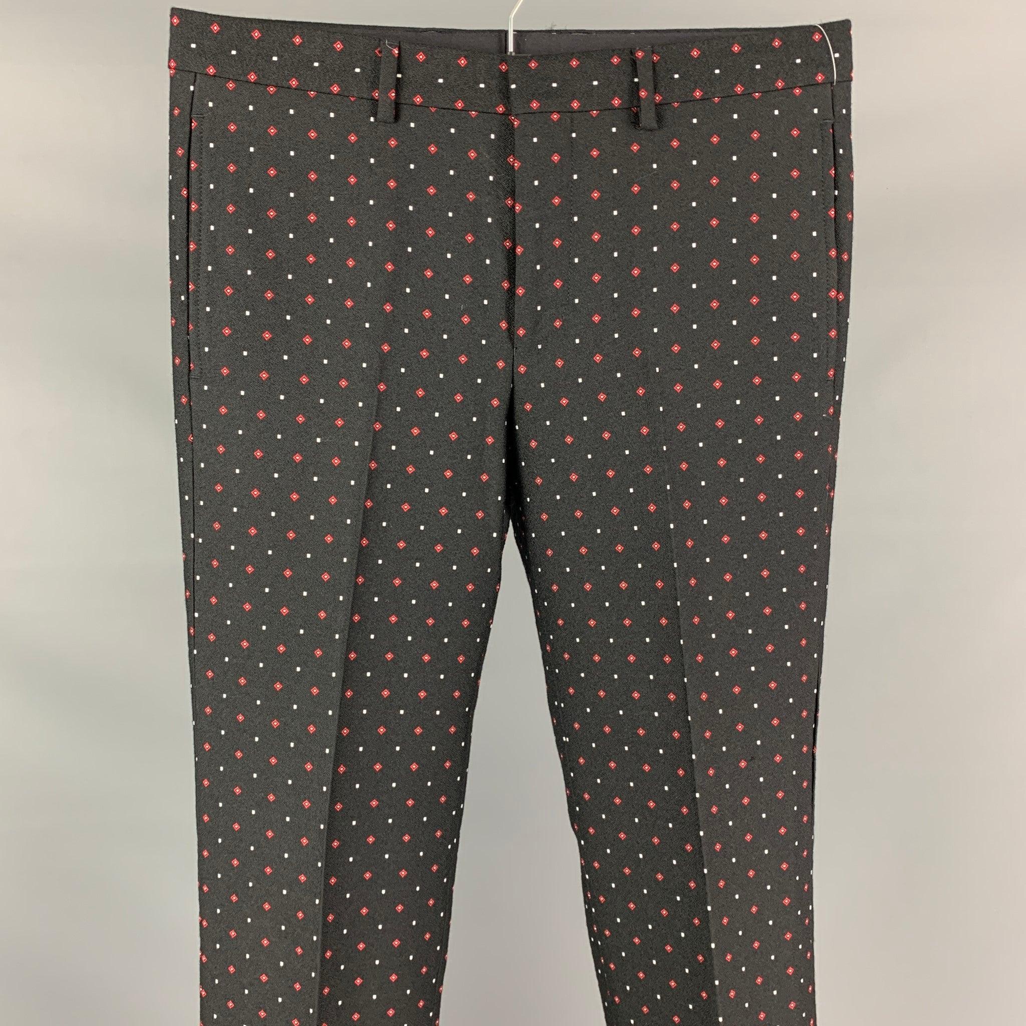 GIVENCHY dress pants comes in a black & red rhombus print wool / polyester featuring a slim fit, front tab, and a zip fly closure.
New With Tags. 

Marked:   48 

Measurements: 
  Waist: 32 inches  Rise: 9 inches  Inseam: 36 inches 
  
  
