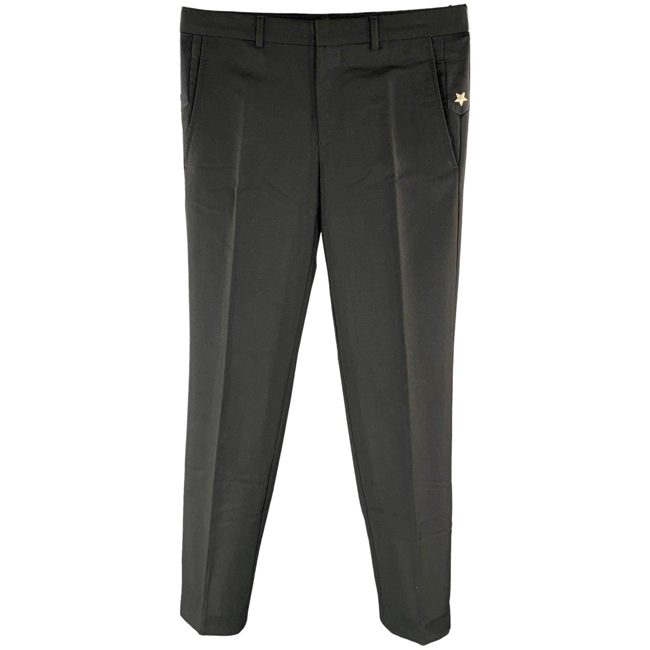 Pre-owned Givenchy Size 32 Black Star Wool Blend Flat Front Pants