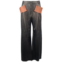 GIVENCHY Size 36 Black & Brown Leather Pleated Wide Leg Strap Pants