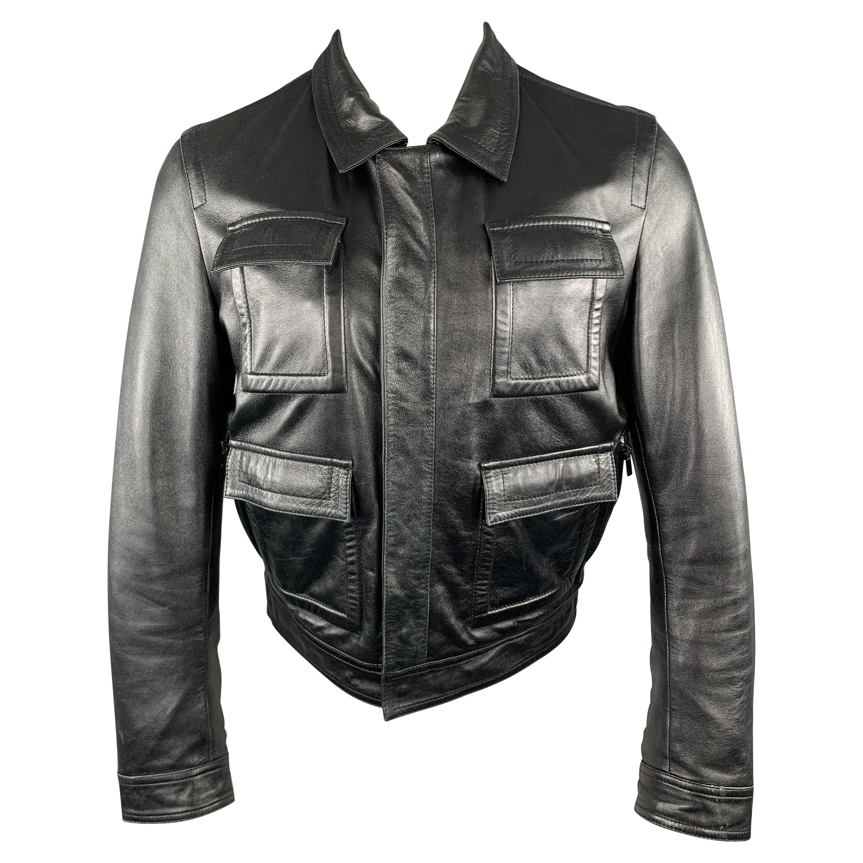 GIVENCHY Size 38 Black Leather Collared Flap Pocket Jacket at 1stDibs
