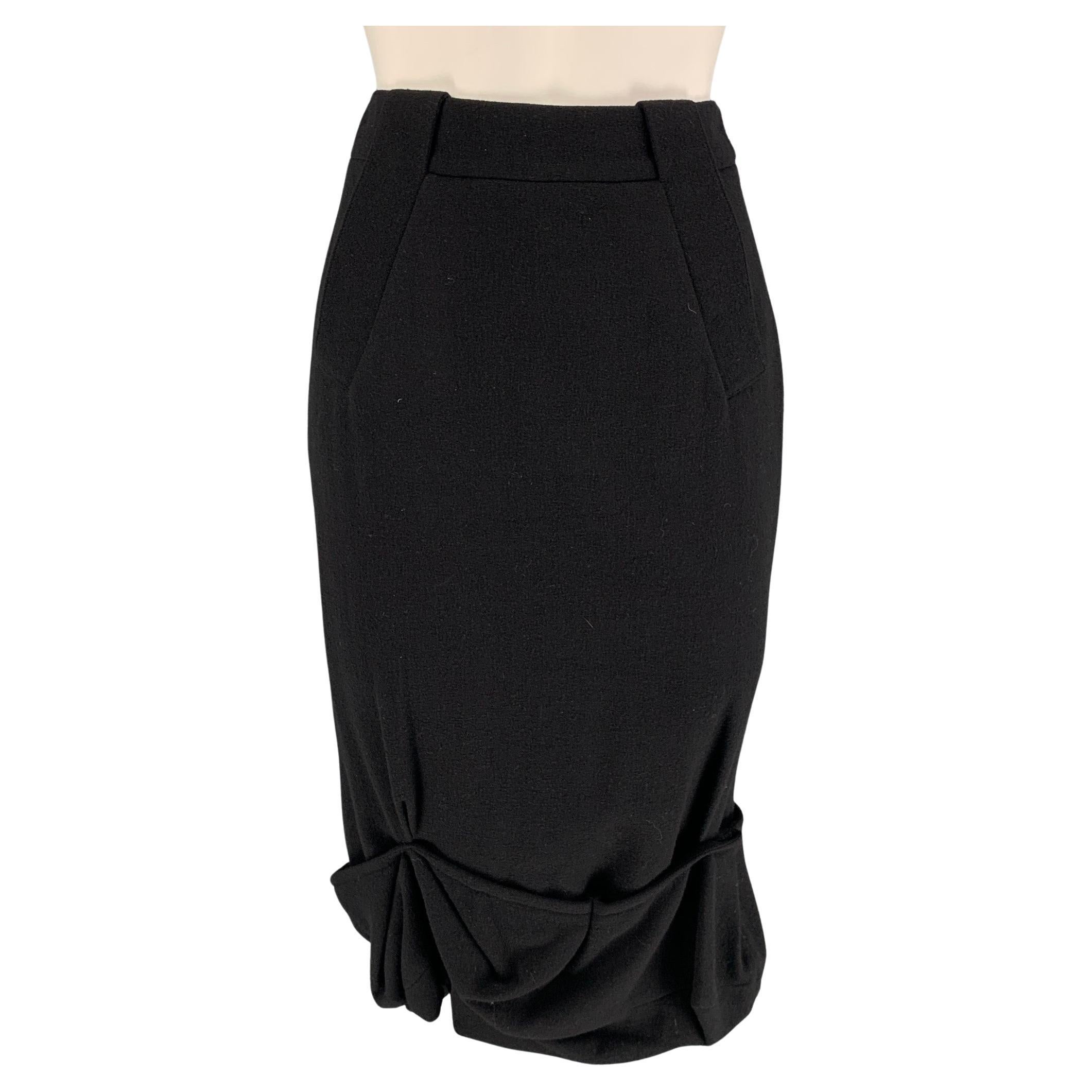 GIVENCHY Size 4 Black Wool Ruffled Pencil Mid-Calf Skirt