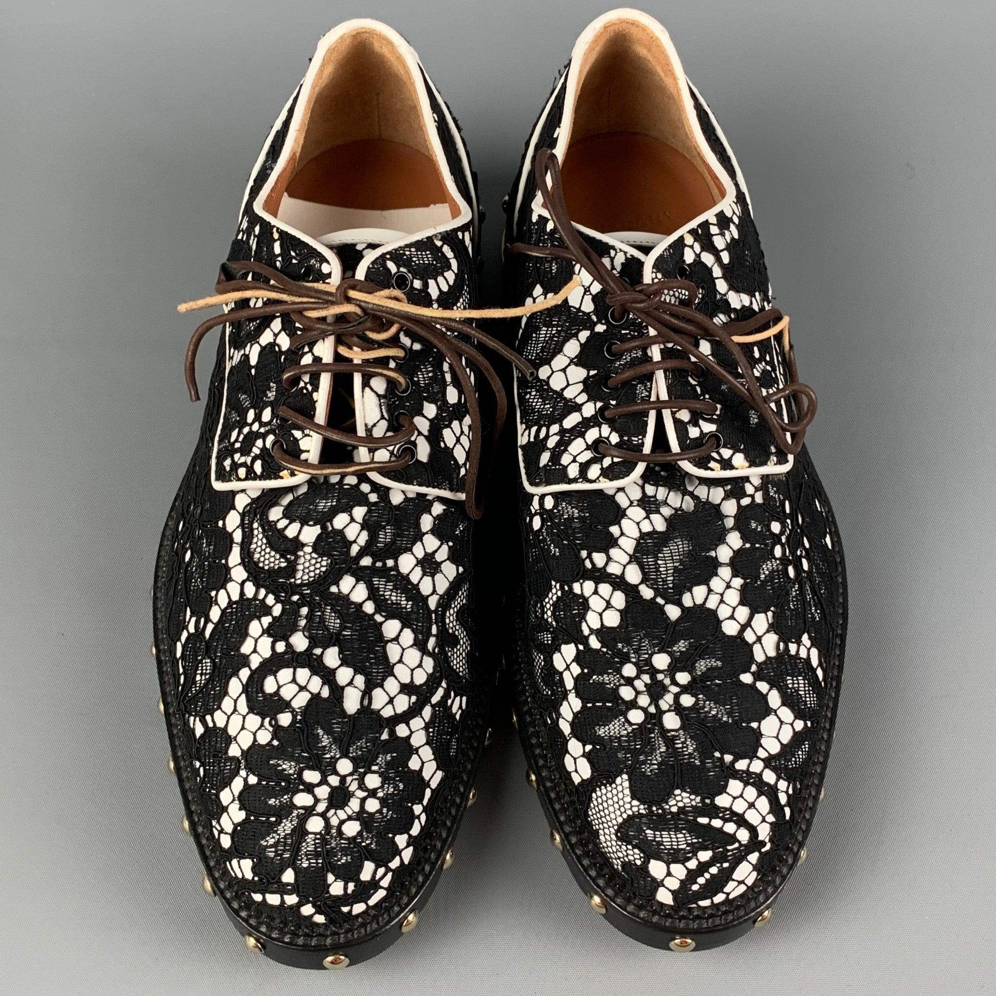 Women's GIVENCHY Size 6.5 Black White Floral Lace Leather Shoes For Sale
