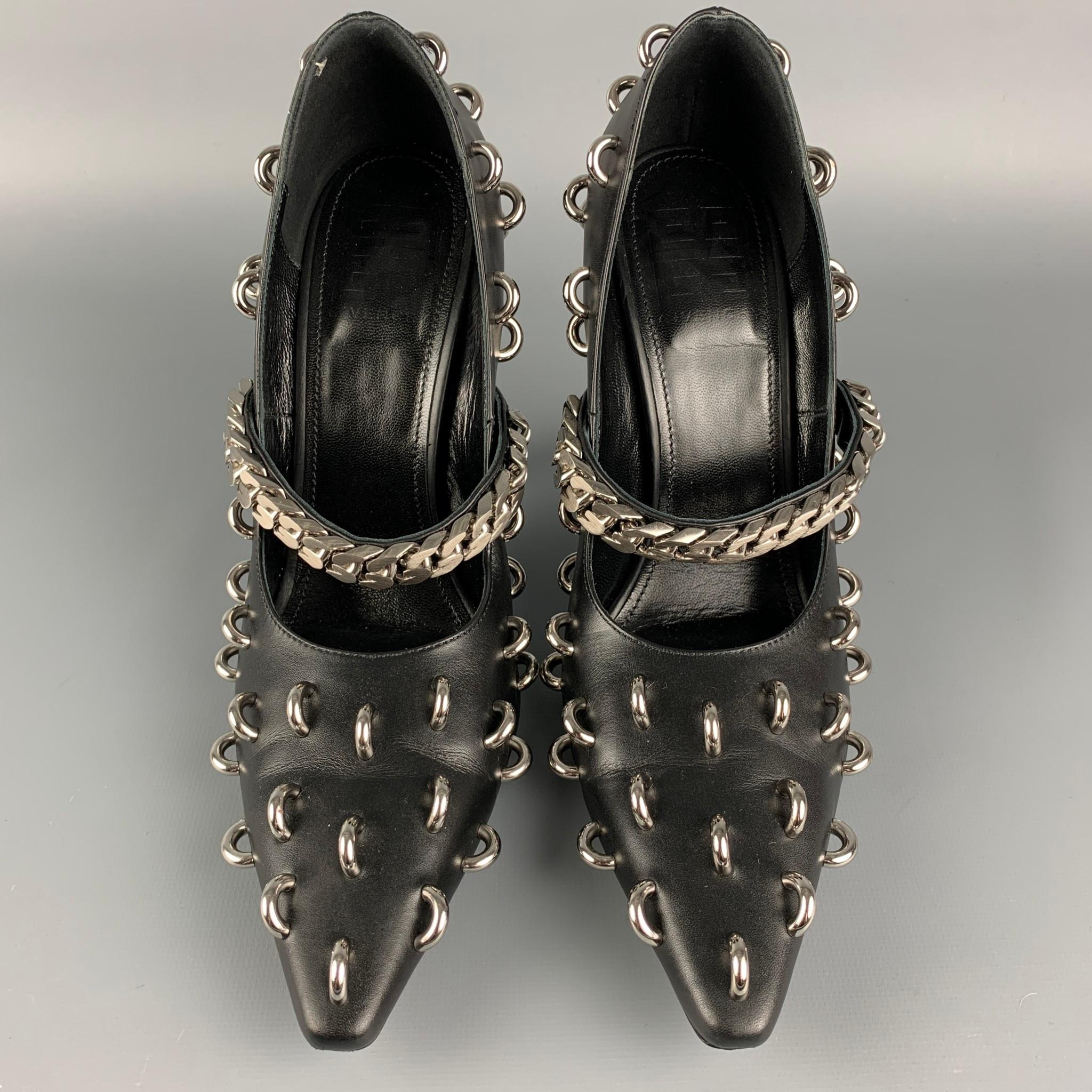 GIVENCHY Size 8 Black Silver Leather Chain Mary Jane Pumps In Excellent Condition In San Francisco, CA