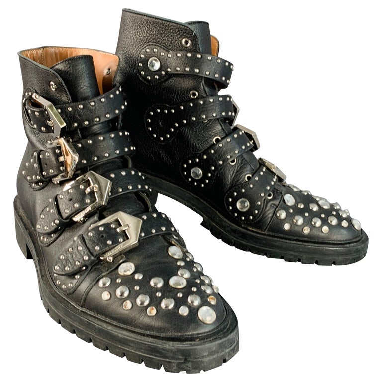 GIVENCHY Size 8 Black Studded Leather Belted Ankle Boots For  display picture 2