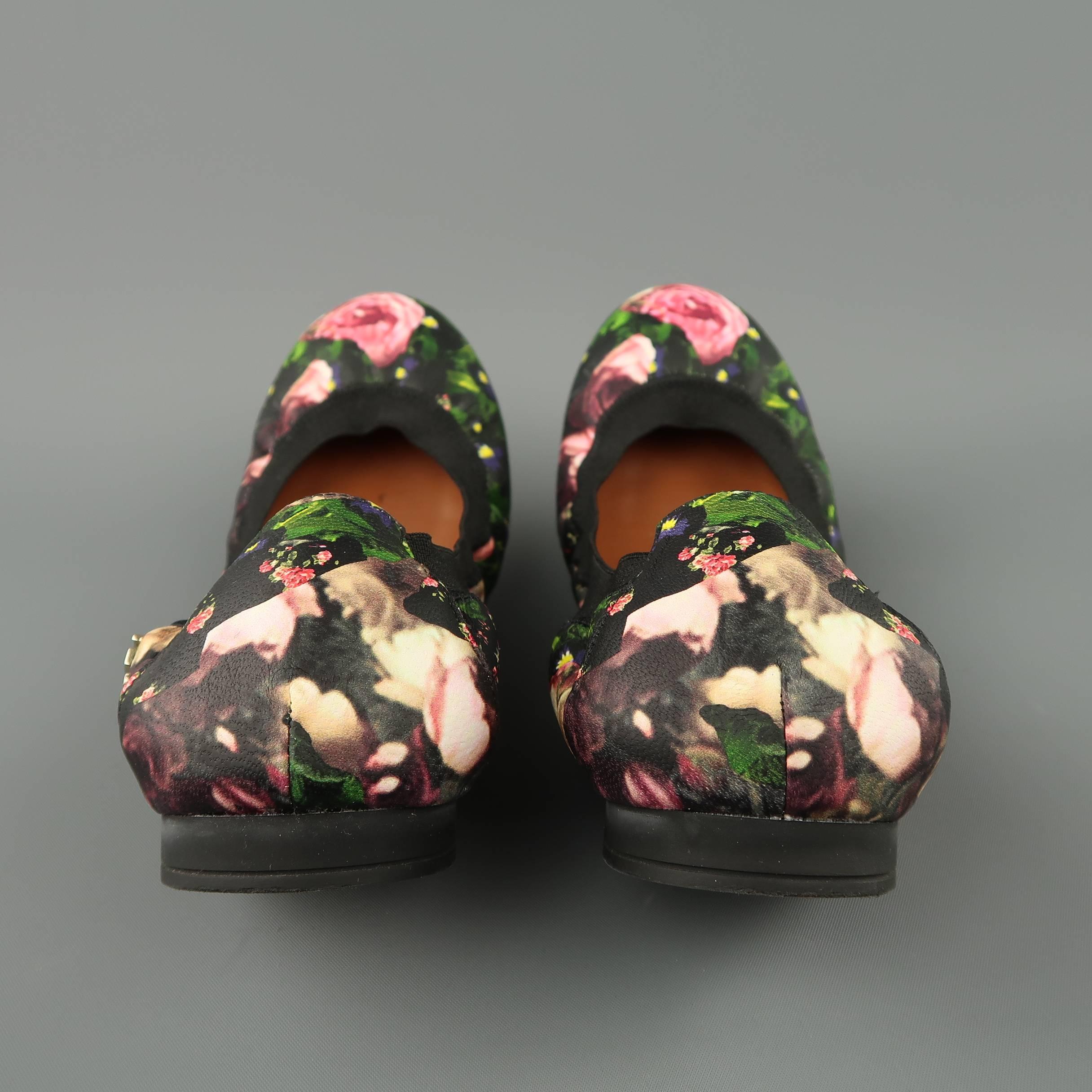 GIVENCHY Size 8.5 Black & Pink Rose Floral Print Leather Ballet Flats In Good Condition In San Francisco, CA