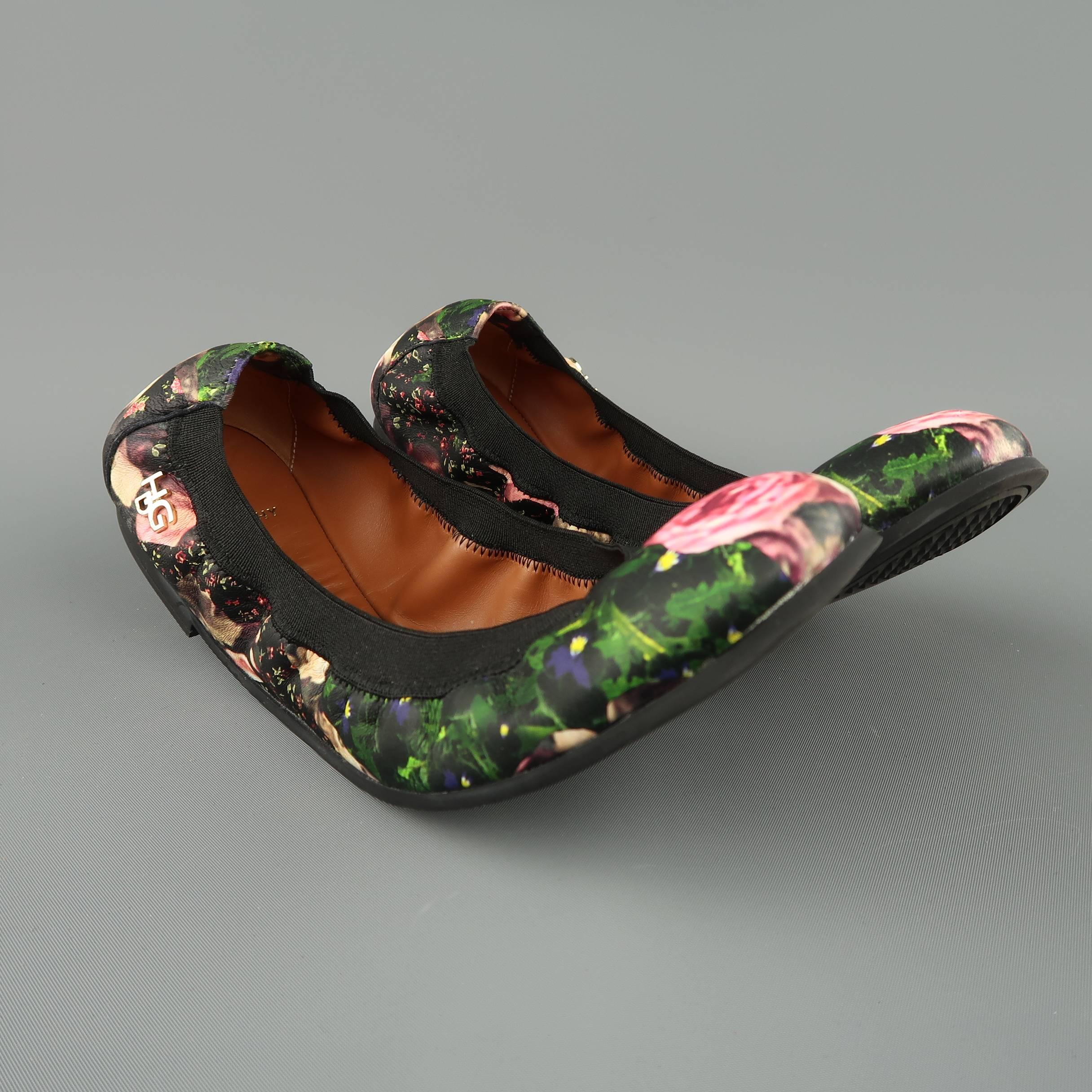 Women's GIVENCHY Size 8.5 Black & Pink Rose Floral Print Leather Ballet Flats