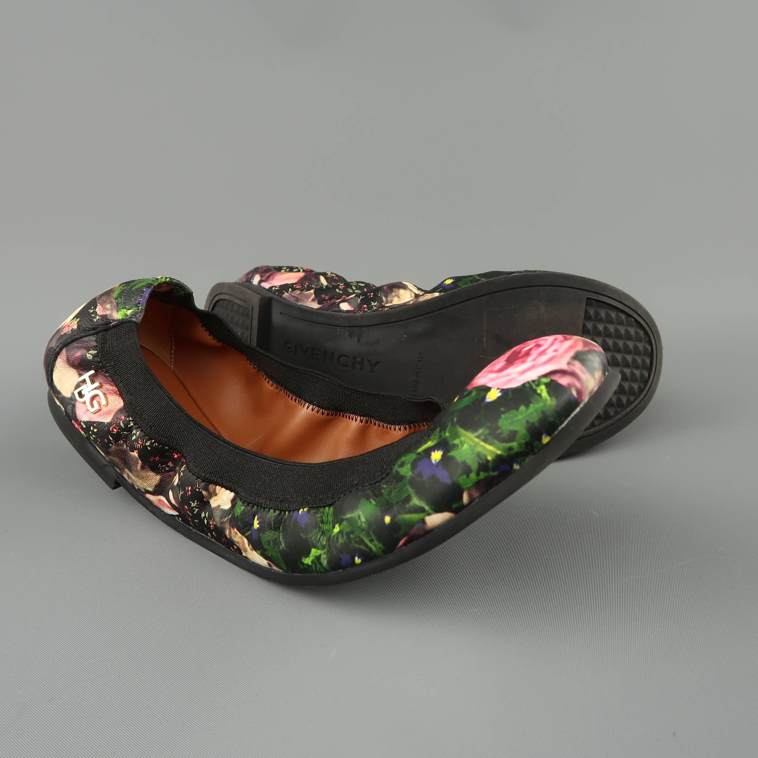 GIVENCHY Size 8.5 Black & Pink Rose Floral Print Leather Ballet Flats 1