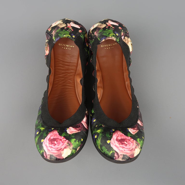 GIVENCHY Size 8.5 Black and Pink Rose Floral Print Leather Ballet Flats ...