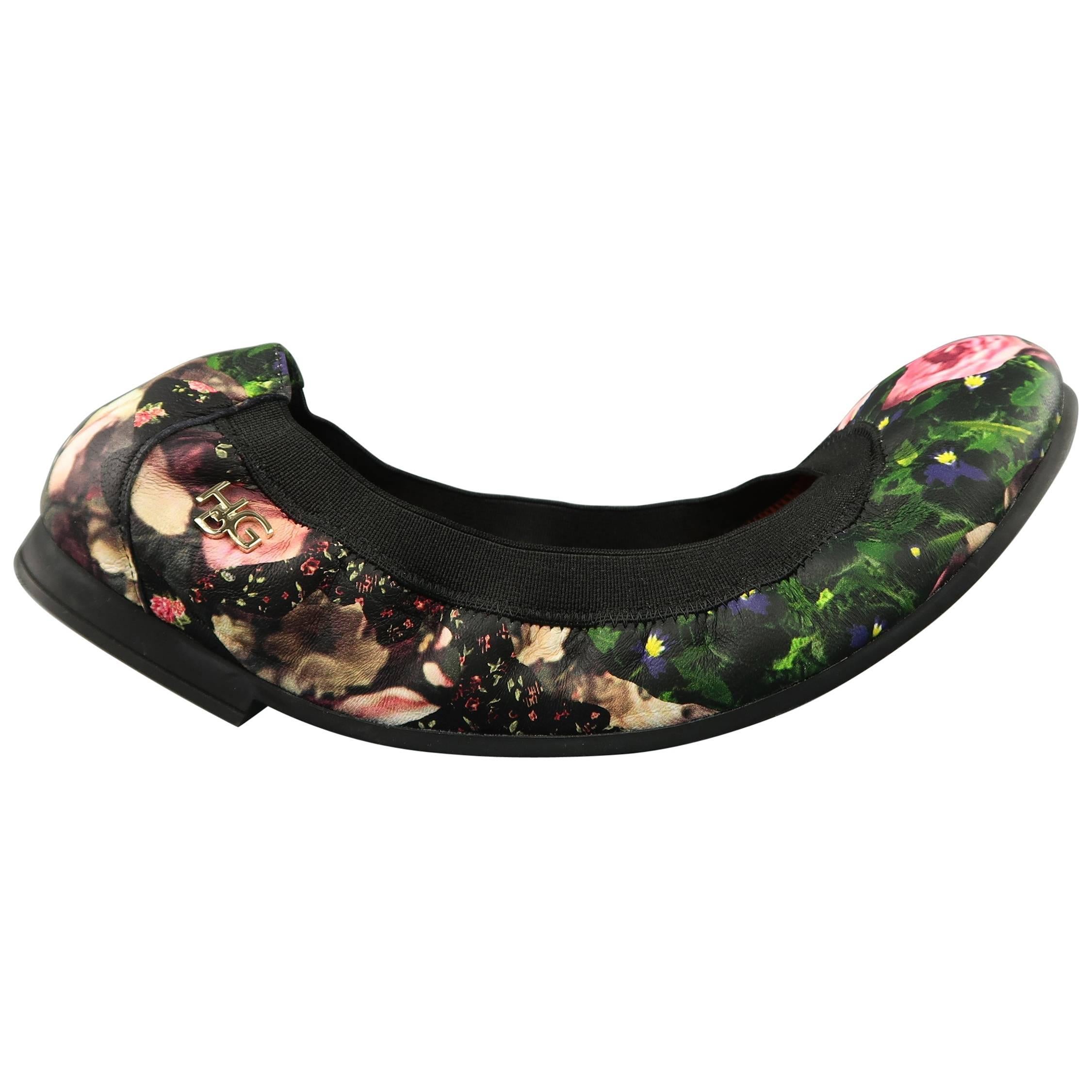 GIVENCHY Size 8.5 Black & Pink Rose Floral Print Leather Ballet Flats