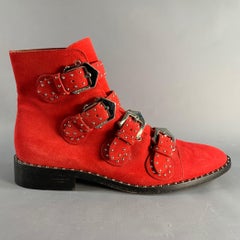 GIVENCHY Size 9 Red Studded Leather Belted Boots
