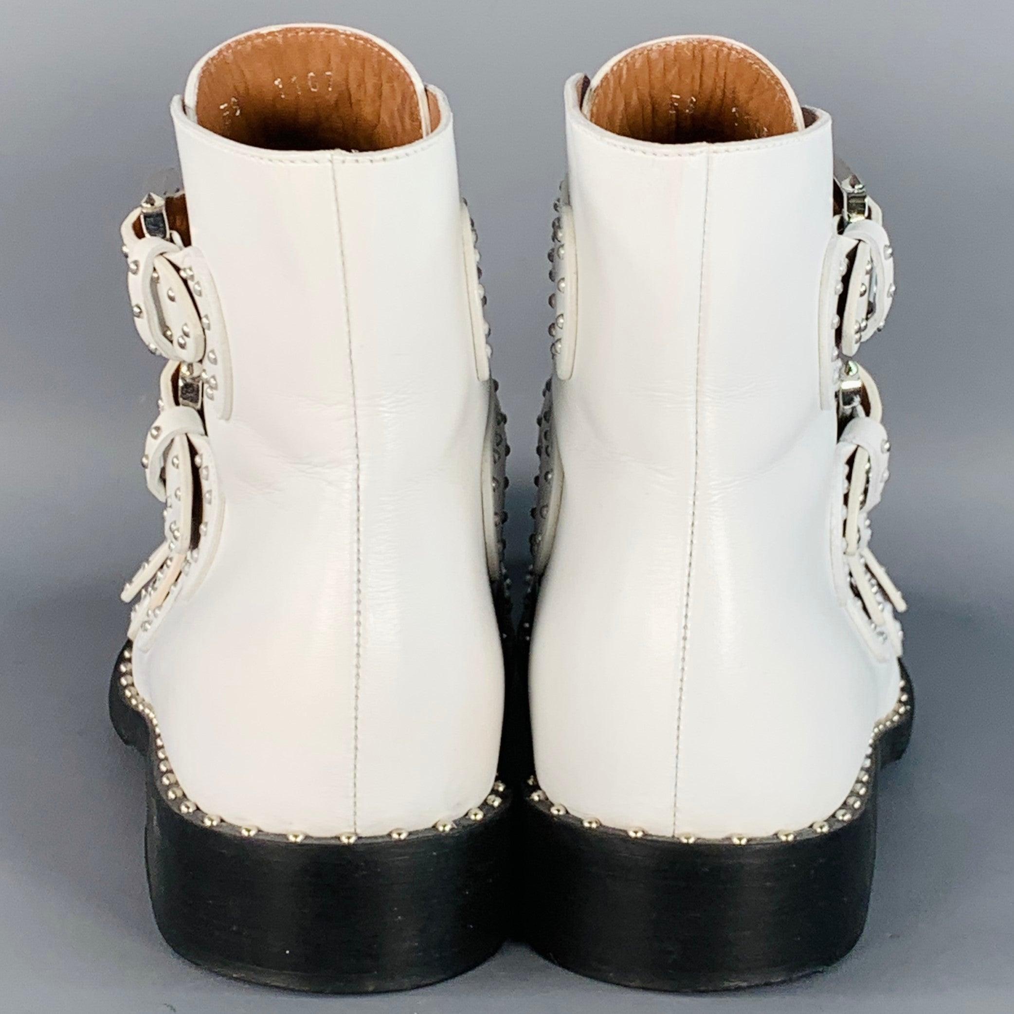 GIVENCHY Size 9 White Studded Belted Ankle Boots In Good Condition For Sale In San Francisco, CA