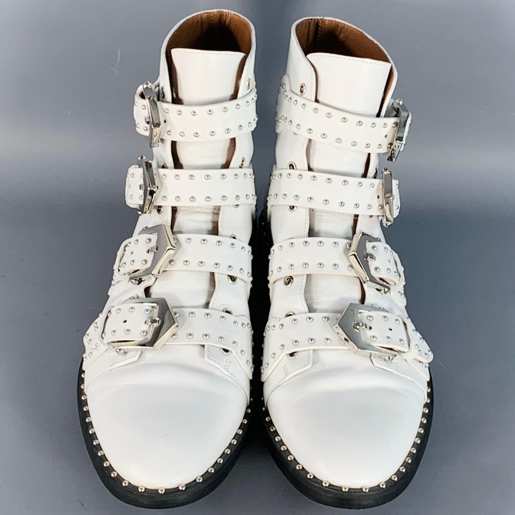 Women's GIVENCHY Size 9 White Studded Belted Ankle Boots For Sale