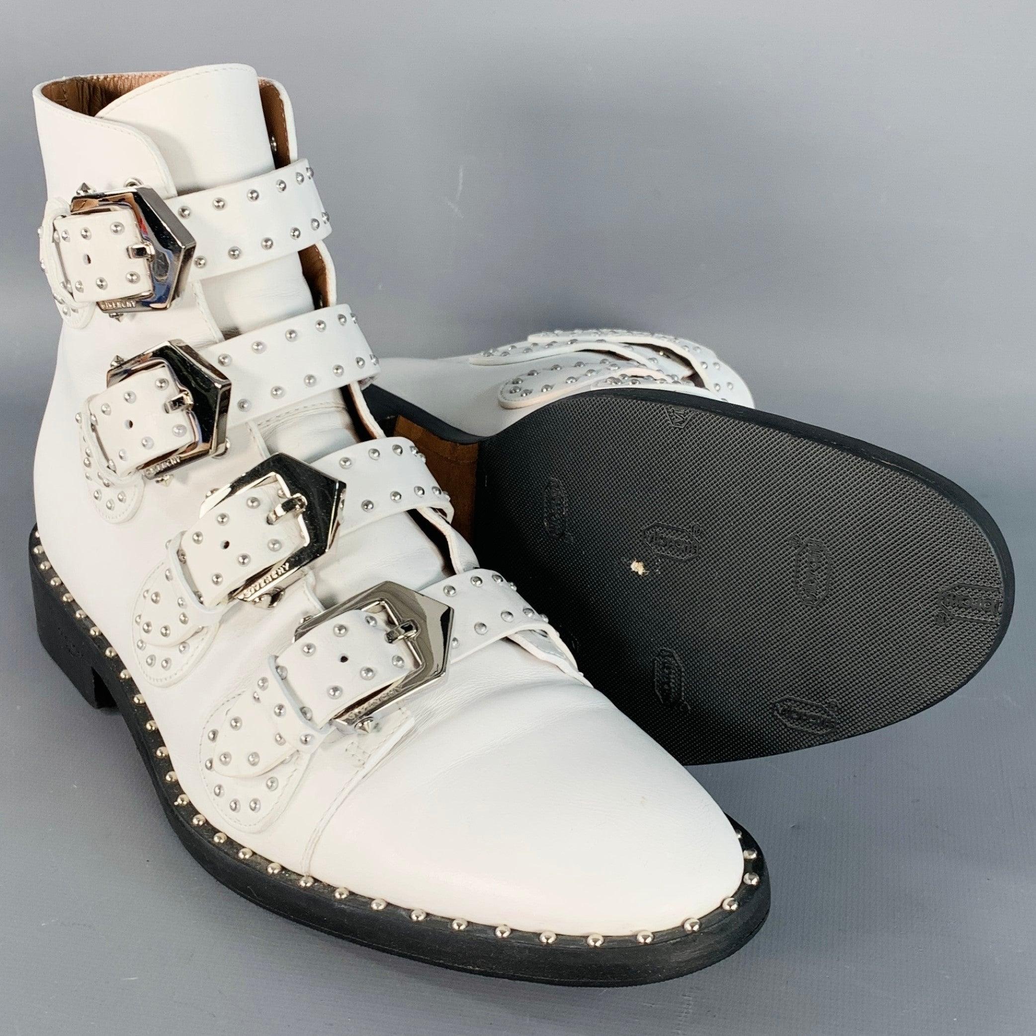 GIVENCHY Size 9 White Studded Belted Ankle Boots For Sale 1