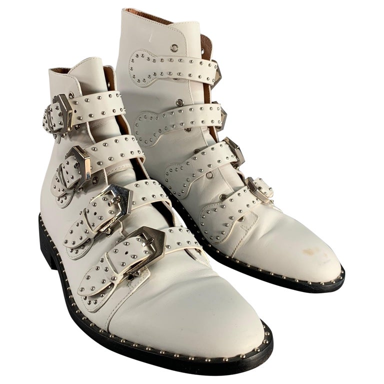 GIVENCHY Size 9 White Studded Leather Belted Boots For Sale  display picture 3