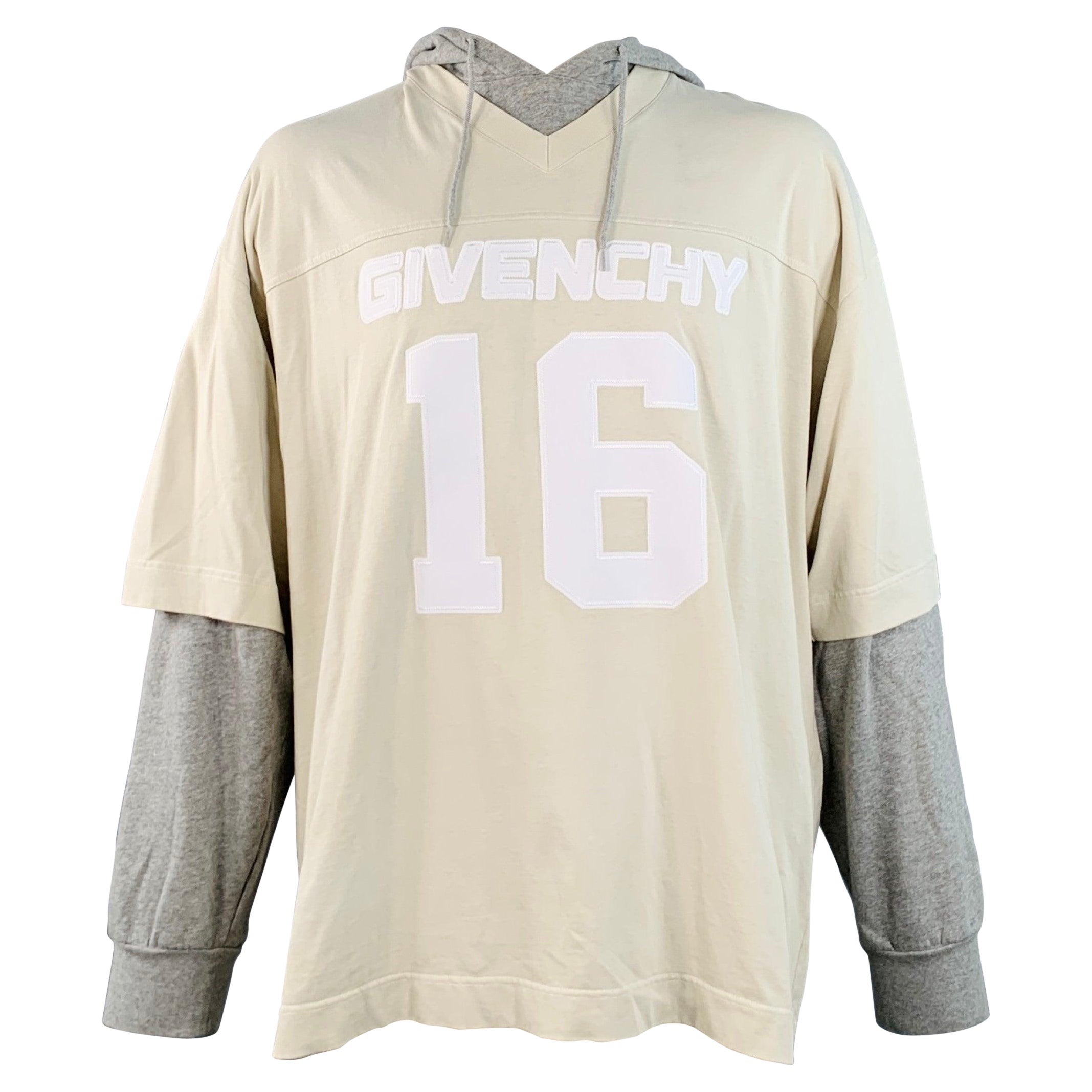GIVENCHY Size L Cream Grey Jersey Double Layer Hooded Sweatshirt en vente
