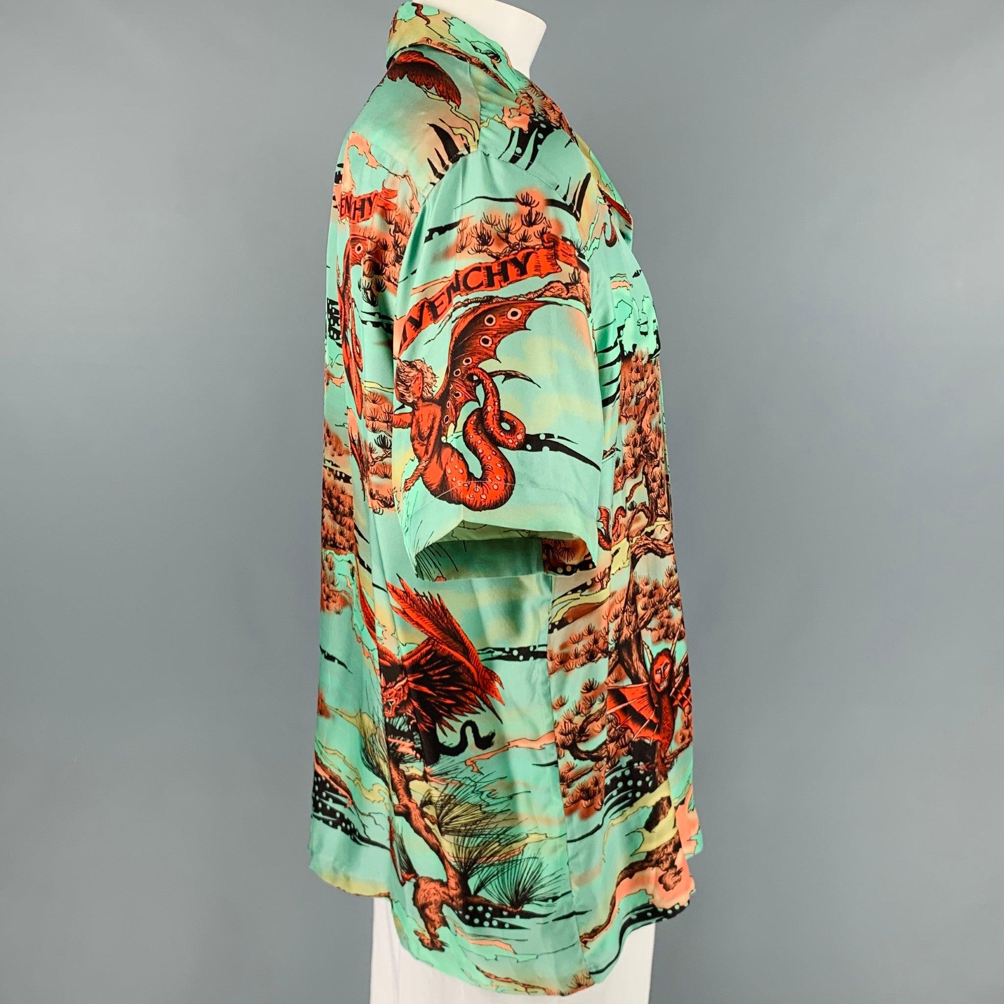 Brown GIVENCHY Size L Green Red Orange Print Silk Camp Short Sleeve Shirt