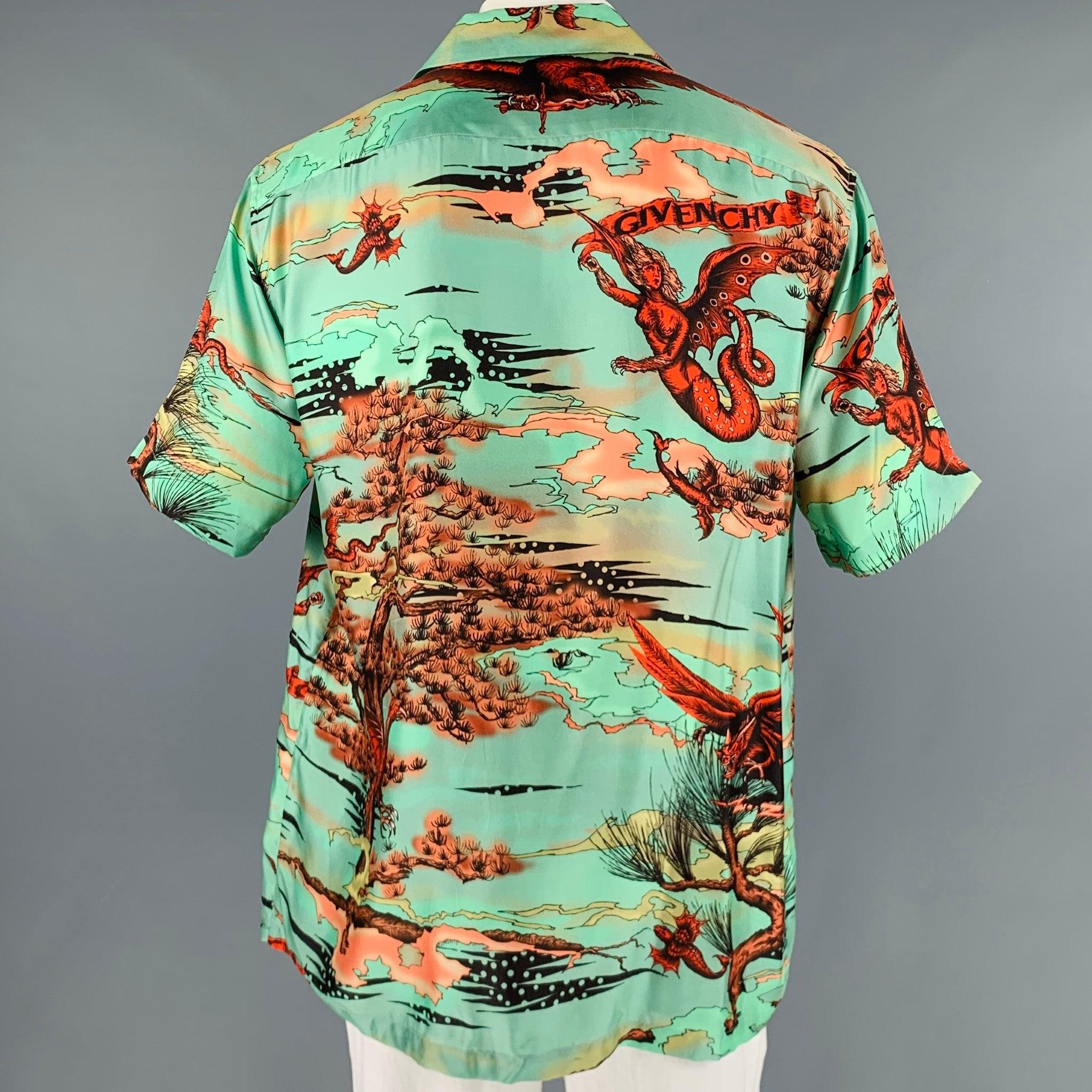 Men's GIVENCHY Size L Green Red Orange Print Silk Camp Short Sleeve Shirt For Sale