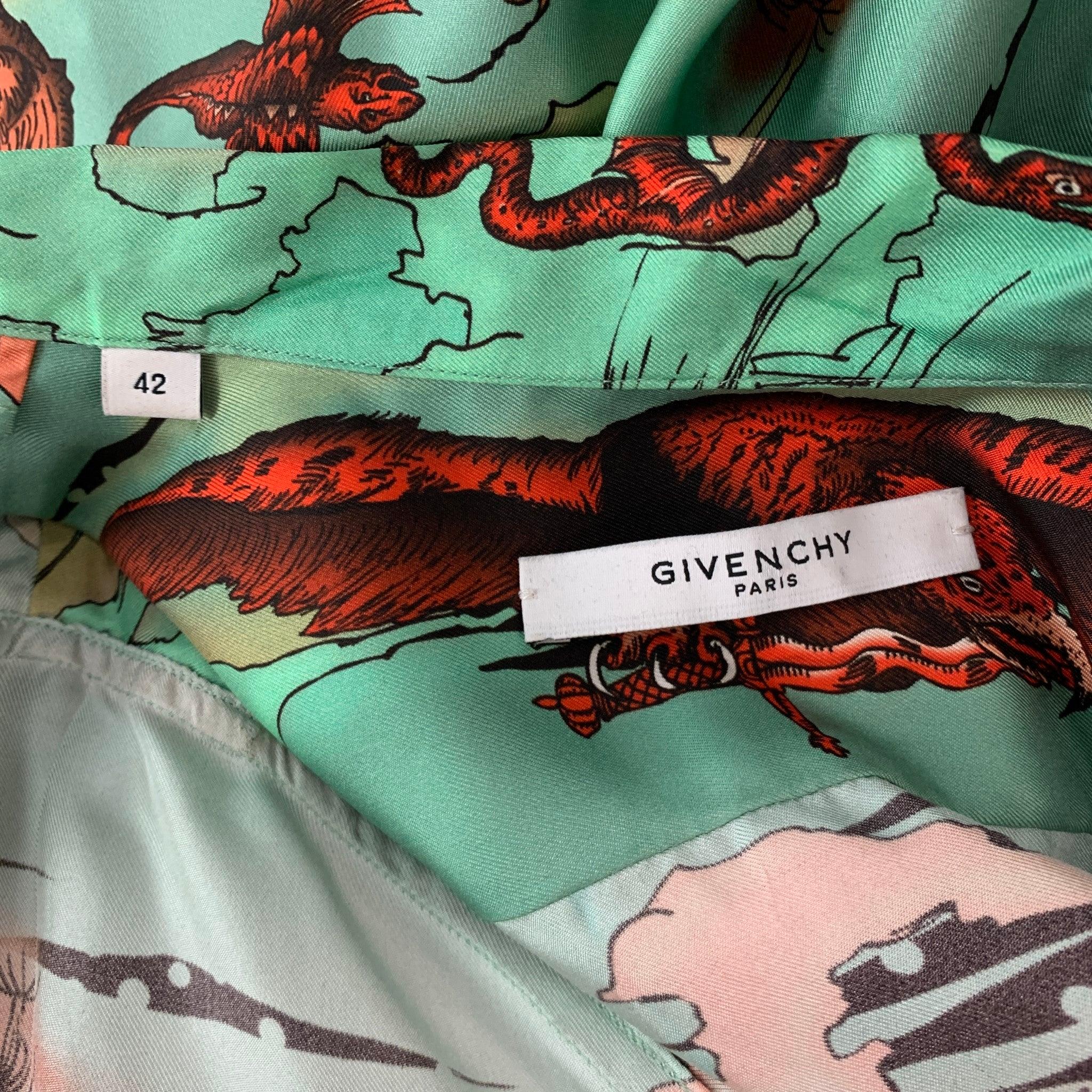GIVENCHY Size L Green Red Orange Print Silk Camp Short Sleeve Shirt For Sale 3