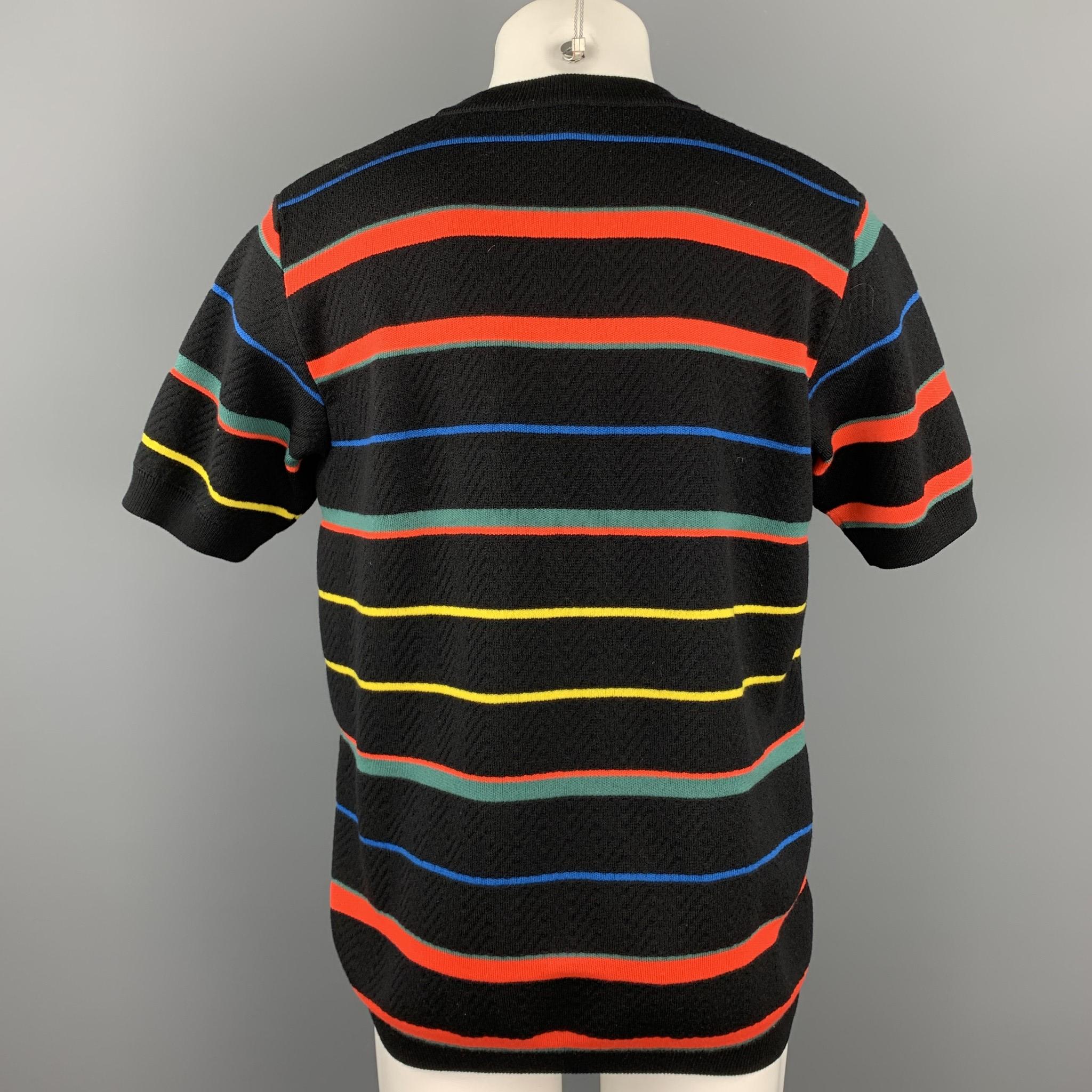 Men's GIVENCHY Size M Black & Multi-Color Stripe Wool Crew-Neck Pullover