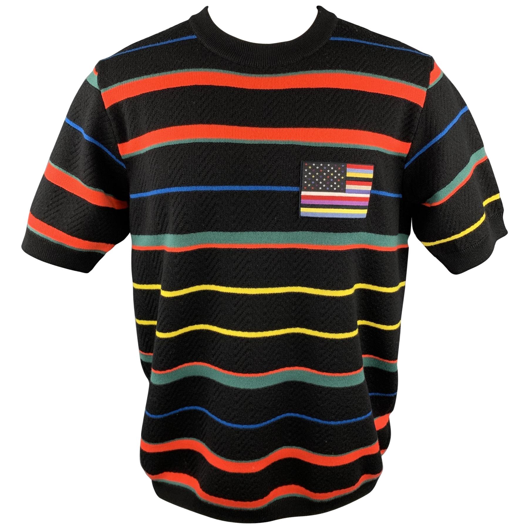 GIVENCHY Size M Black & Multi-Color Stripe Wool Crew-Neck Pullover
