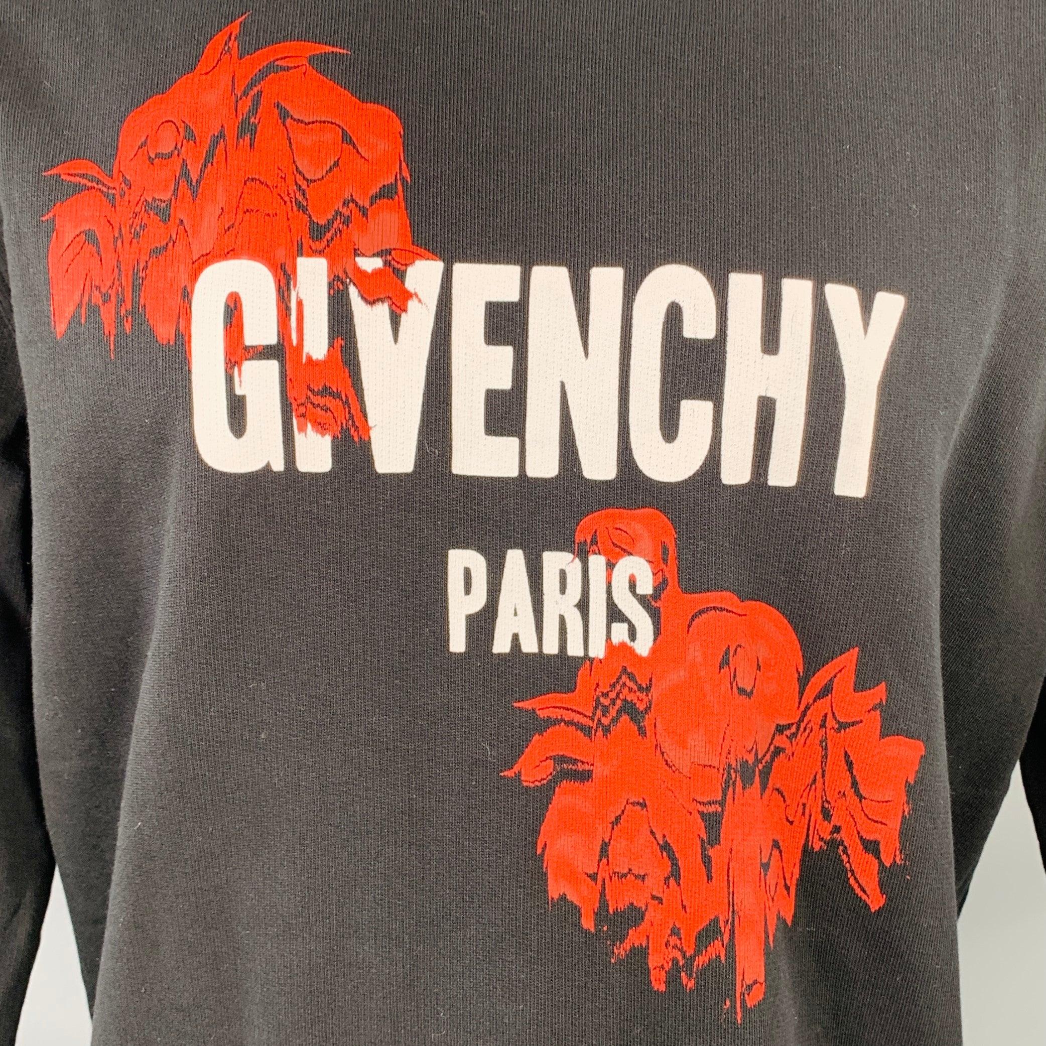 GIVENCHY sweatshirt
in a black cotton featuring logo with melting red roses design, long sleeves, and crew neck. Made in Portugal.Excellent Pre-Owned Condition. 

Marked:   M 

Measurements: 
 
Shoulder: 19.5 inches Chest: 46 inches Sleeve: 26.5