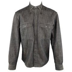 GIVENCHY Size M Navy Denim Patch Pocket Double Star Collar Oversized Shirt