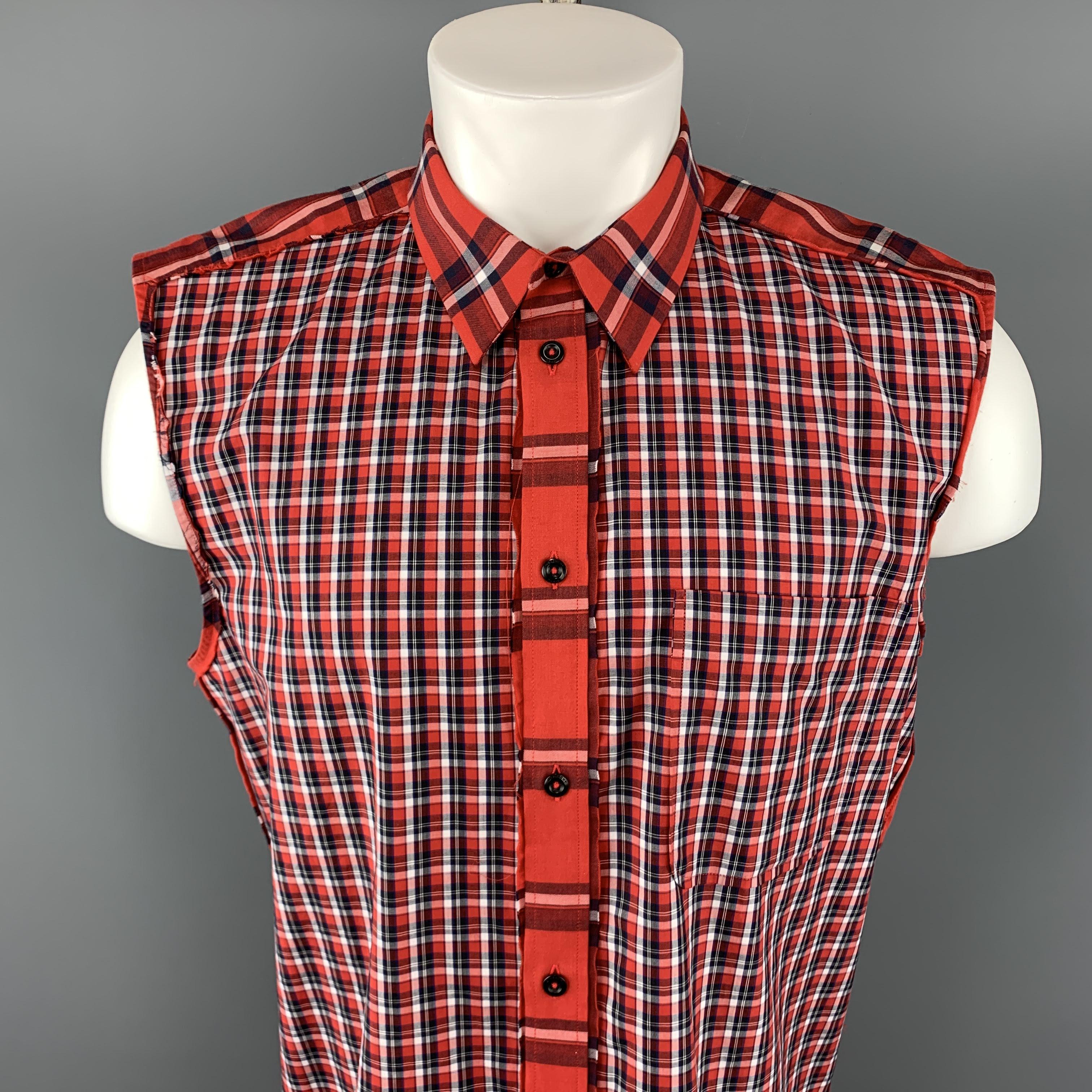 GIVENCHY sleeveless shirt comes in a red and black plaid cotton featuring a button up style, spread collar, and a front patch pocket. CA 00985. Made in Portugal.
 
Excellent Pre-Owned Condition.
Marked: 41
 
Measurements:
 
Shoulder: 18 in.
Chest: